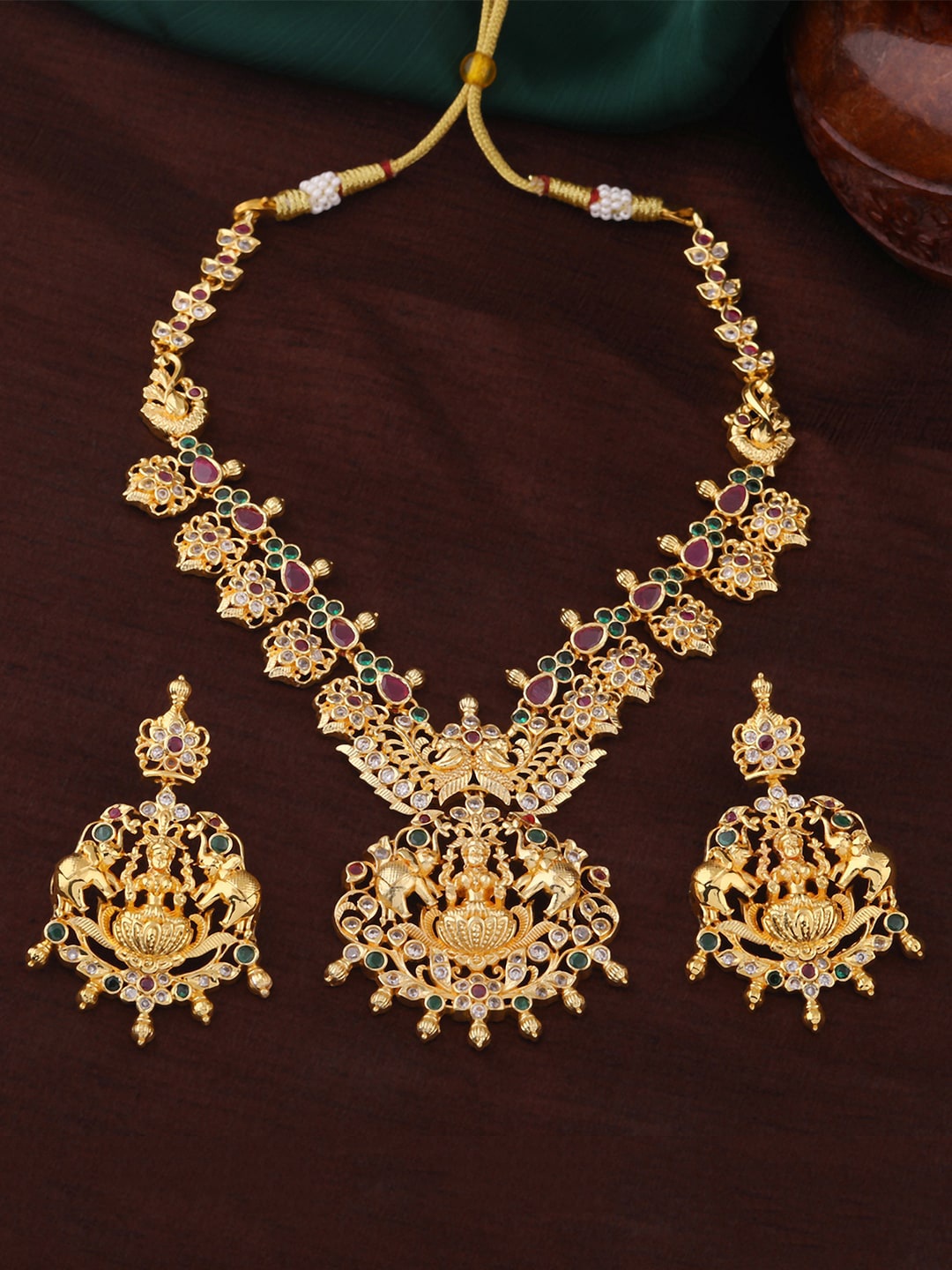 

Estele Gold Plated CZ Lakshmi Devi with Elephant Designer Necklace Set for Women