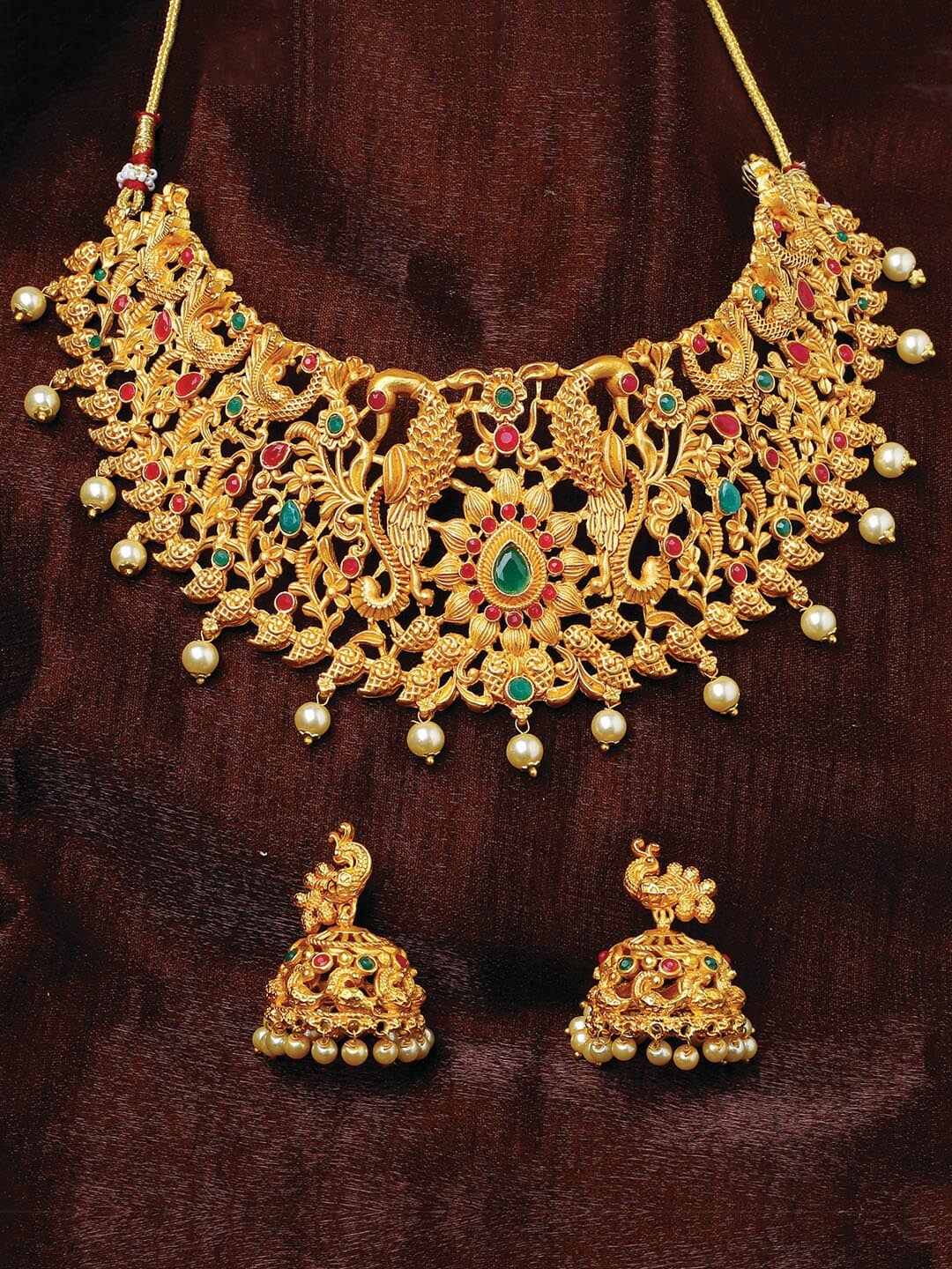 

Estele Gold Plated Traditional Nakshi Bridal Choker Set, Red