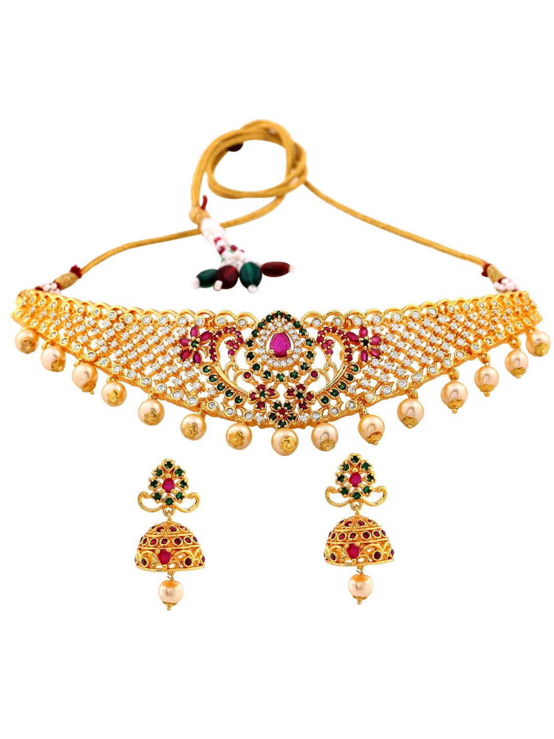 

Estele Gold Plated CZ Ravishing Bridal Choker Necklace Set With Pearls