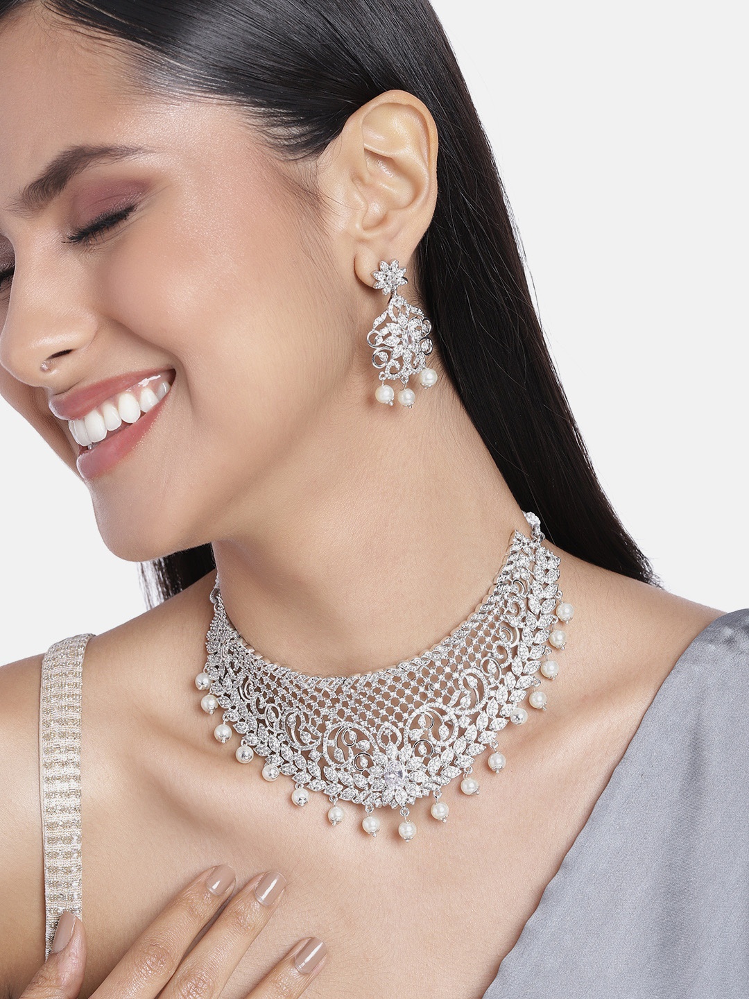 

Estele Rhodium Plated CZ Bridal Choker Necklace Set with Crystals & Pearls, Silver