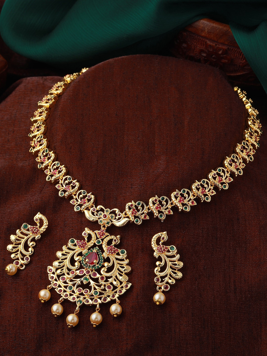 

Estele Gold Plated CZ Beautiful Peacock Designer Necklace Set Combo with Pearls