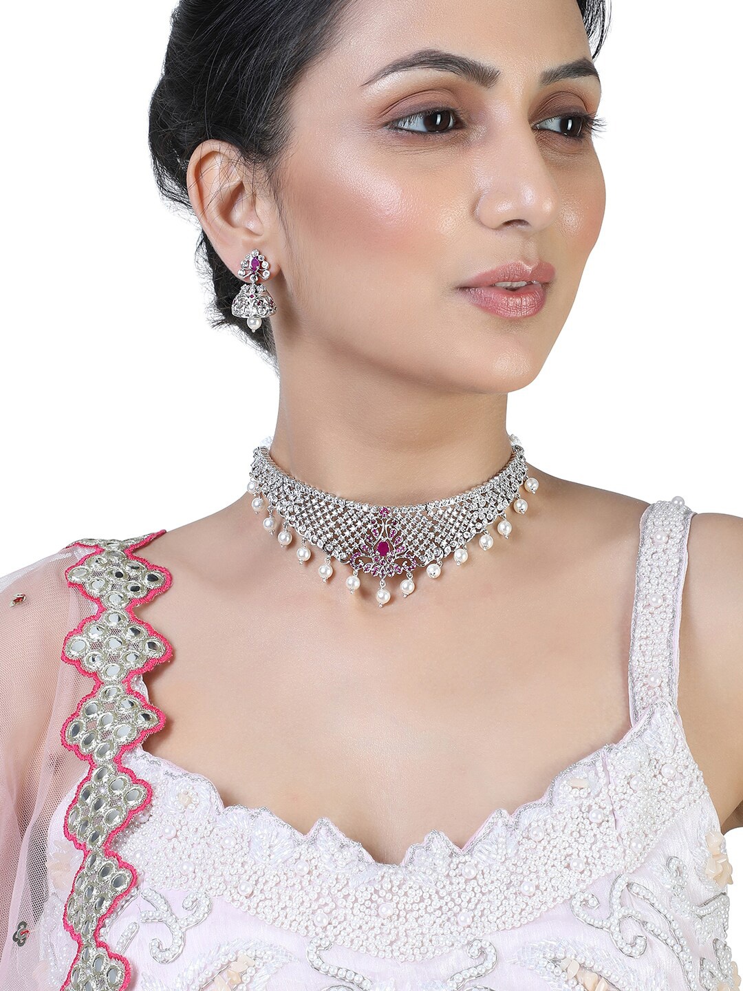

Estele Rhodium-Plated & Silver Toned CZ-Studded Jewellery Set