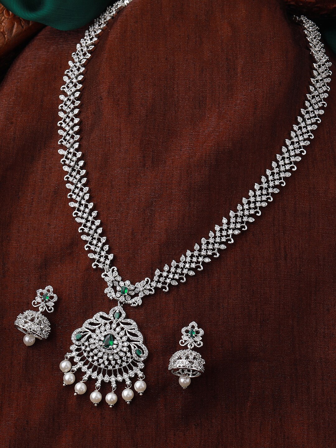 

Estele Rhodium Plated CZ & Pearl Detail Ravishing Jewellery Set, Silver