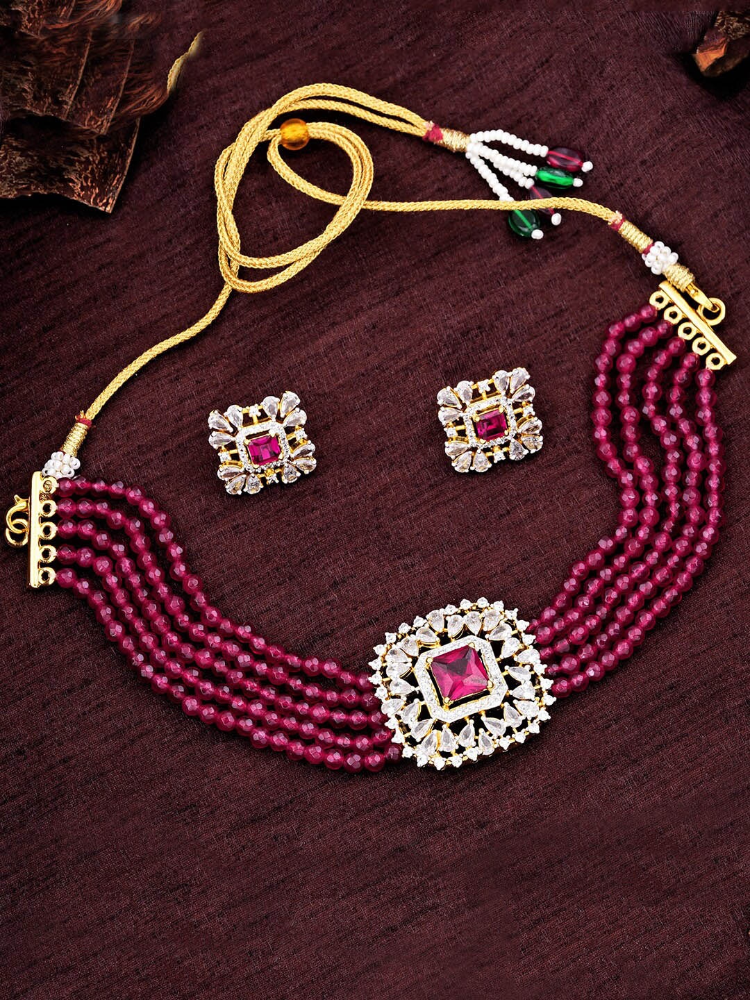 

Estele Gold-Plated Red CZ Stone-Studded & Beaded Jewellery Set