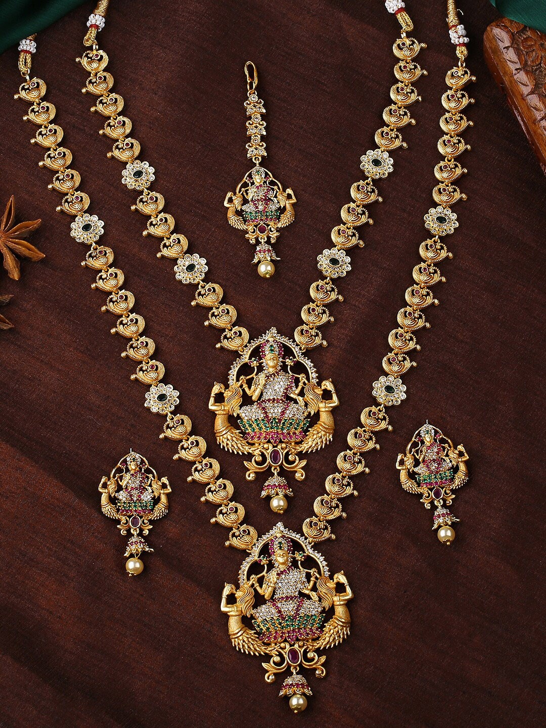 

Estele Gold Plated CZ Shining Laxmi Ji Designer Bridal Necklace Set Combo for Women