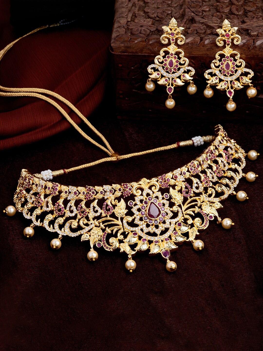 

Estele Gold Plated CZ Magnificent Bridal Choker Necklace Set With Pearls for Women