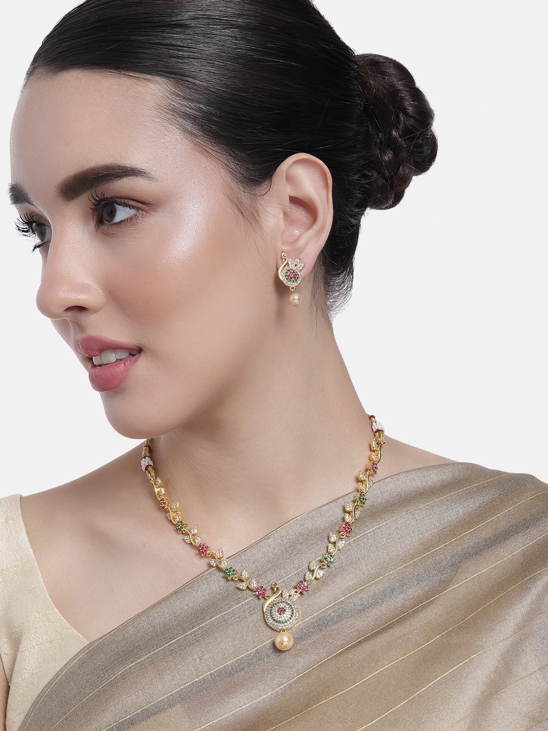 

Estele Gold Plated CZ Beautiful Peacock Designer Necklace Set with Pearls