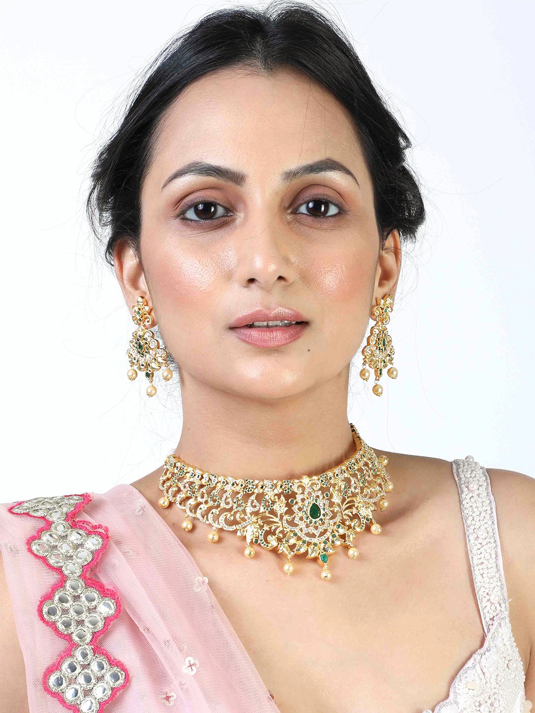 

Estele Gold Plated CZ Magnificent Bridal Choker Necklace Set with Pearls for Women