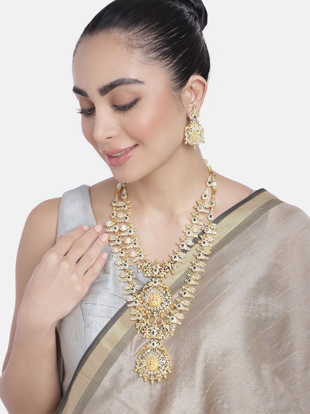 Estele Gold-Plated White & Green CZ-Studded Jewellery Set