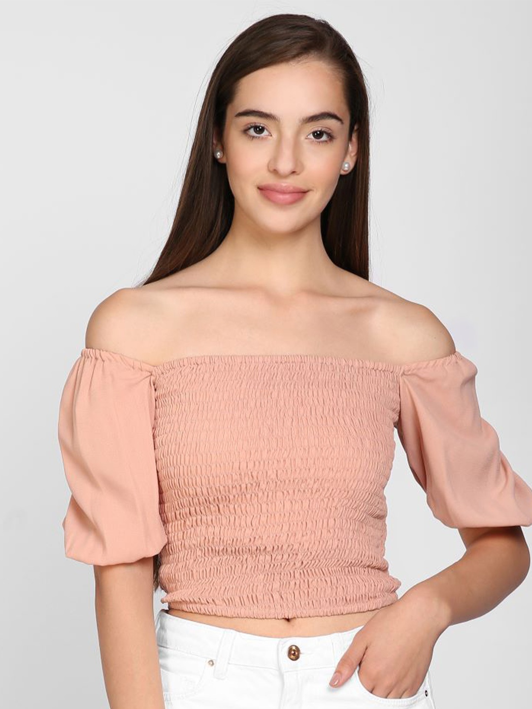 

I Love She Women Peach Off Shoulder Smocked Bardot Crop Top