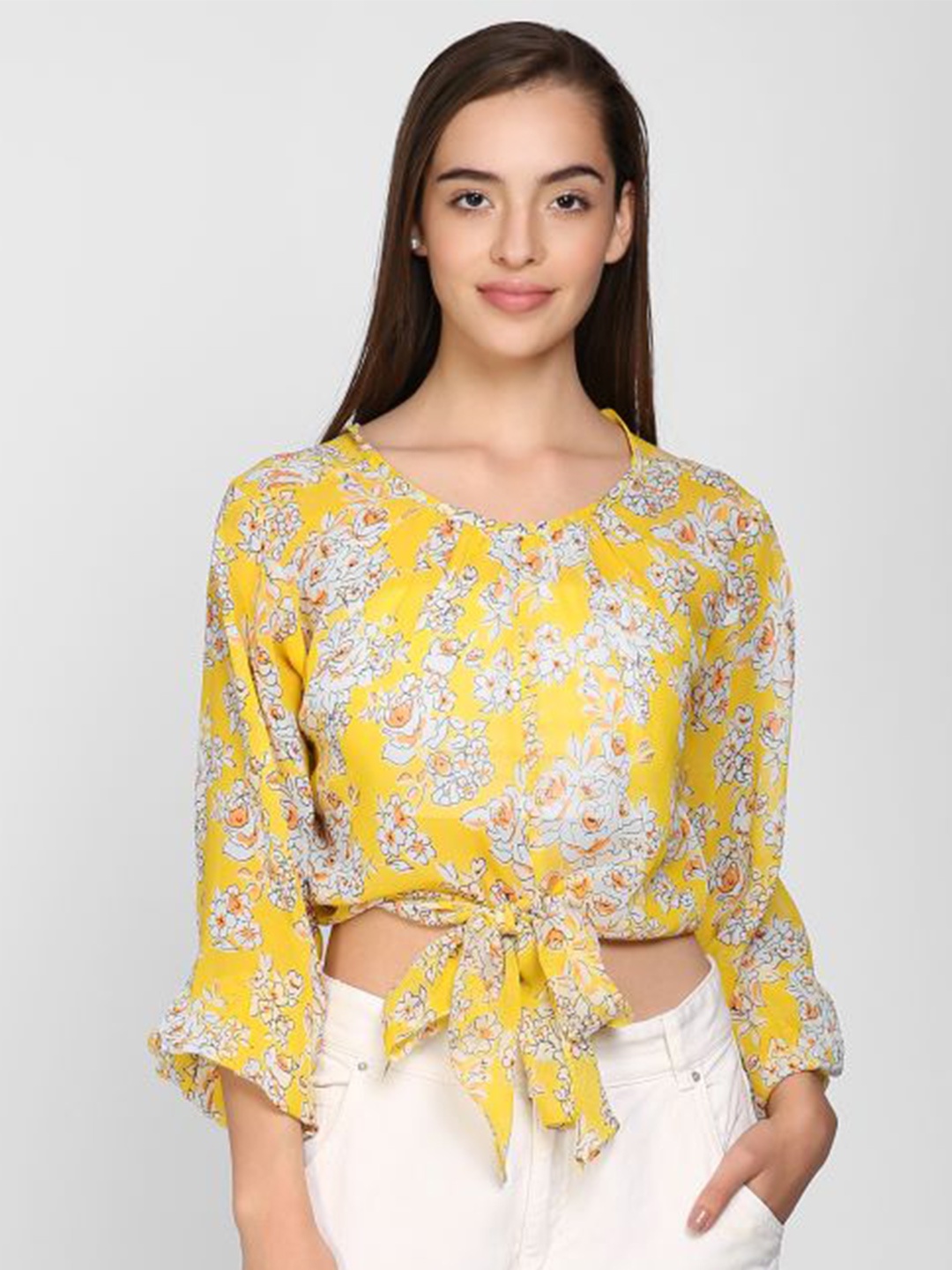 

I Love She Yellow Floral Printed Georgette Crop Top