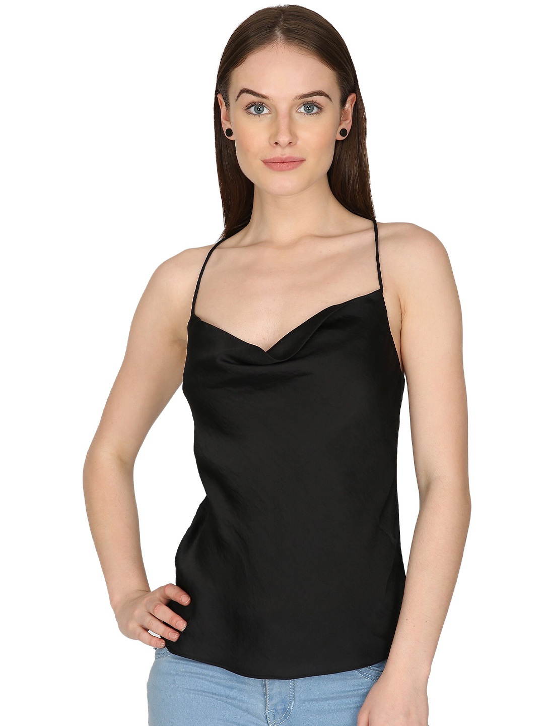 

I Love She Women Black Solid Shoulder Strap Top