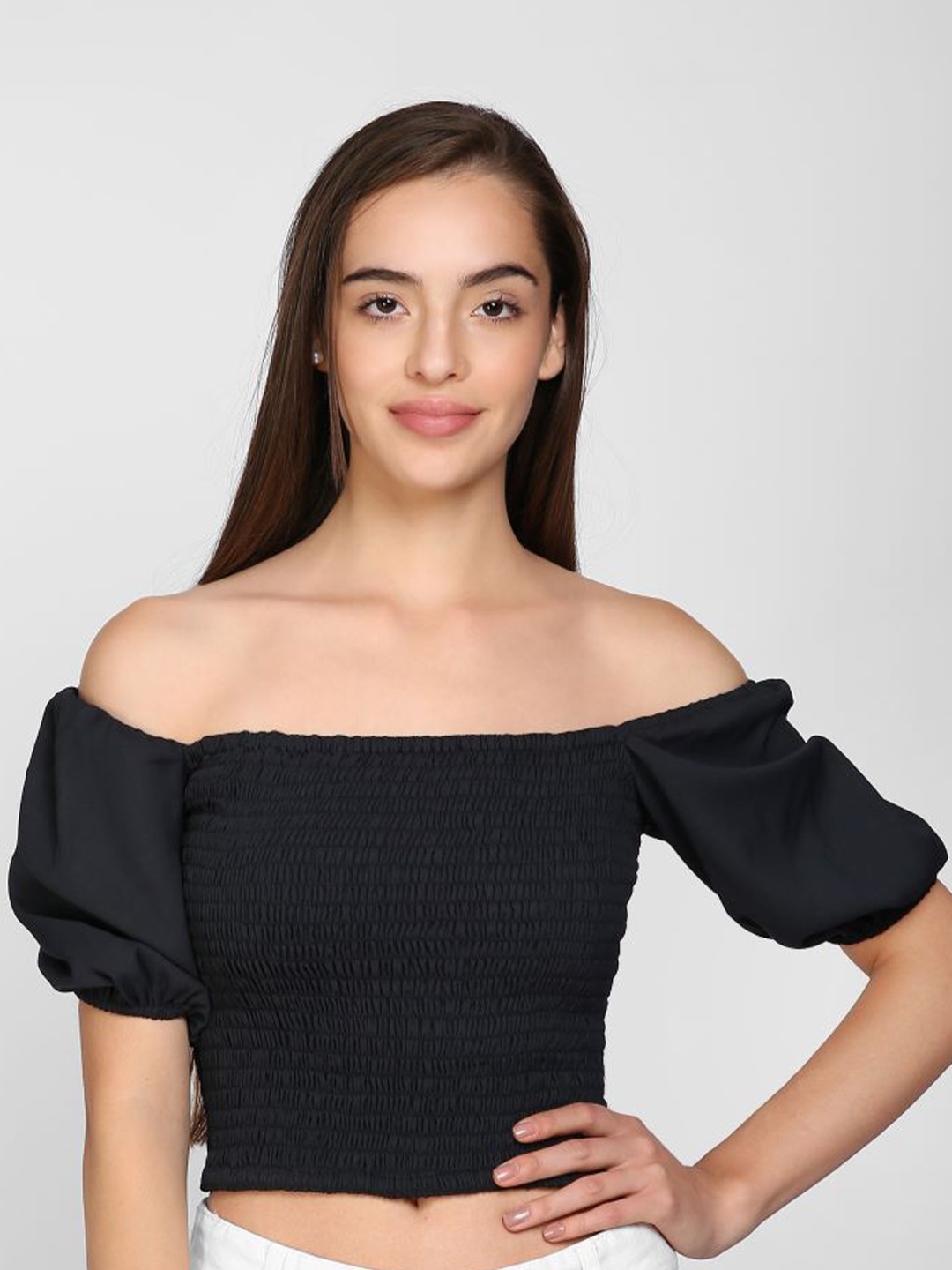 

I Love She Navy Blue Off-Shoulder Bardot Crop Top