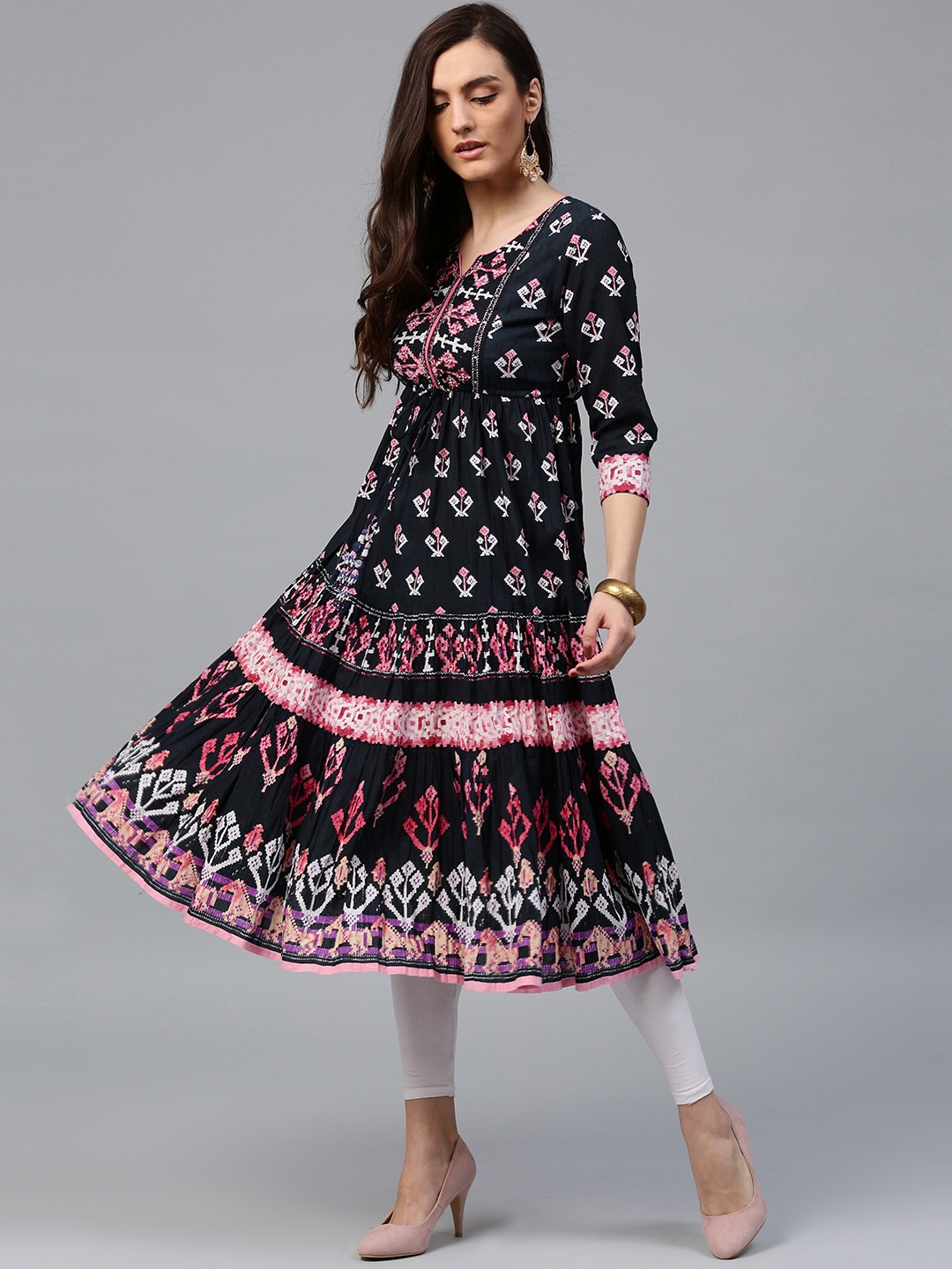 

Rain & Rainbow Women Navy & Pink Printed A-Line Tiered Kurta, Navy blue