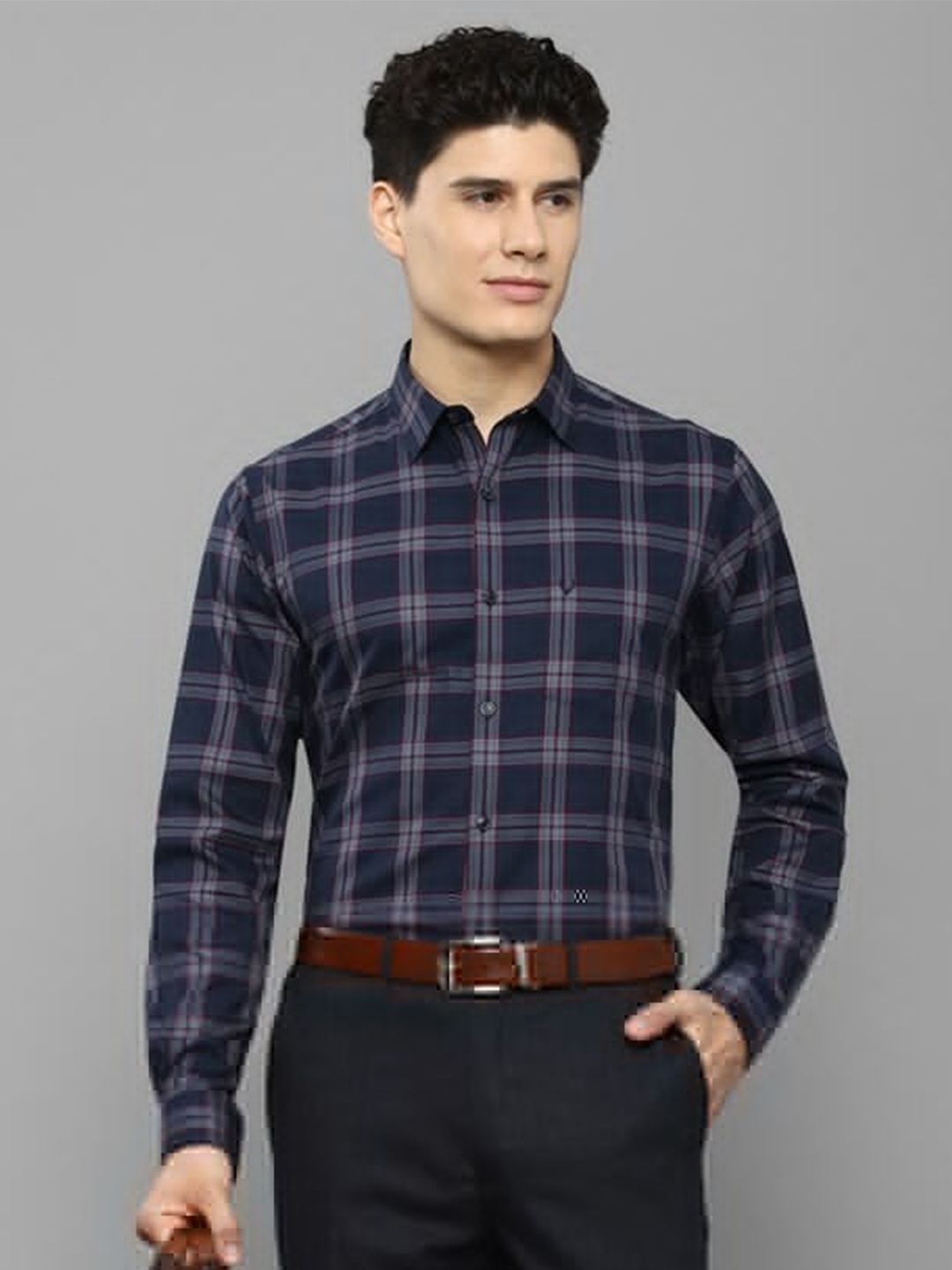 

Allen Solly Men Navy Blue Slim Fit Tartan Checks Checked Formal Pure Cotton Shirt