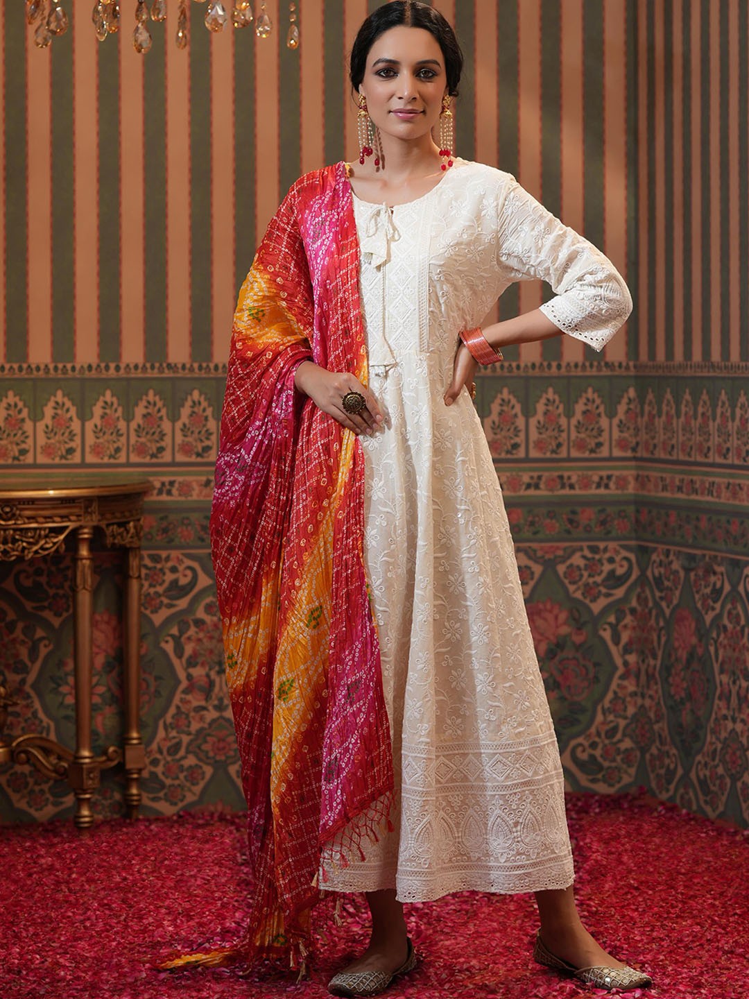 

SCAKHI Women White Ethnic Motifs Embroidered Keyhole Neck Anarkali Cotton Kurta