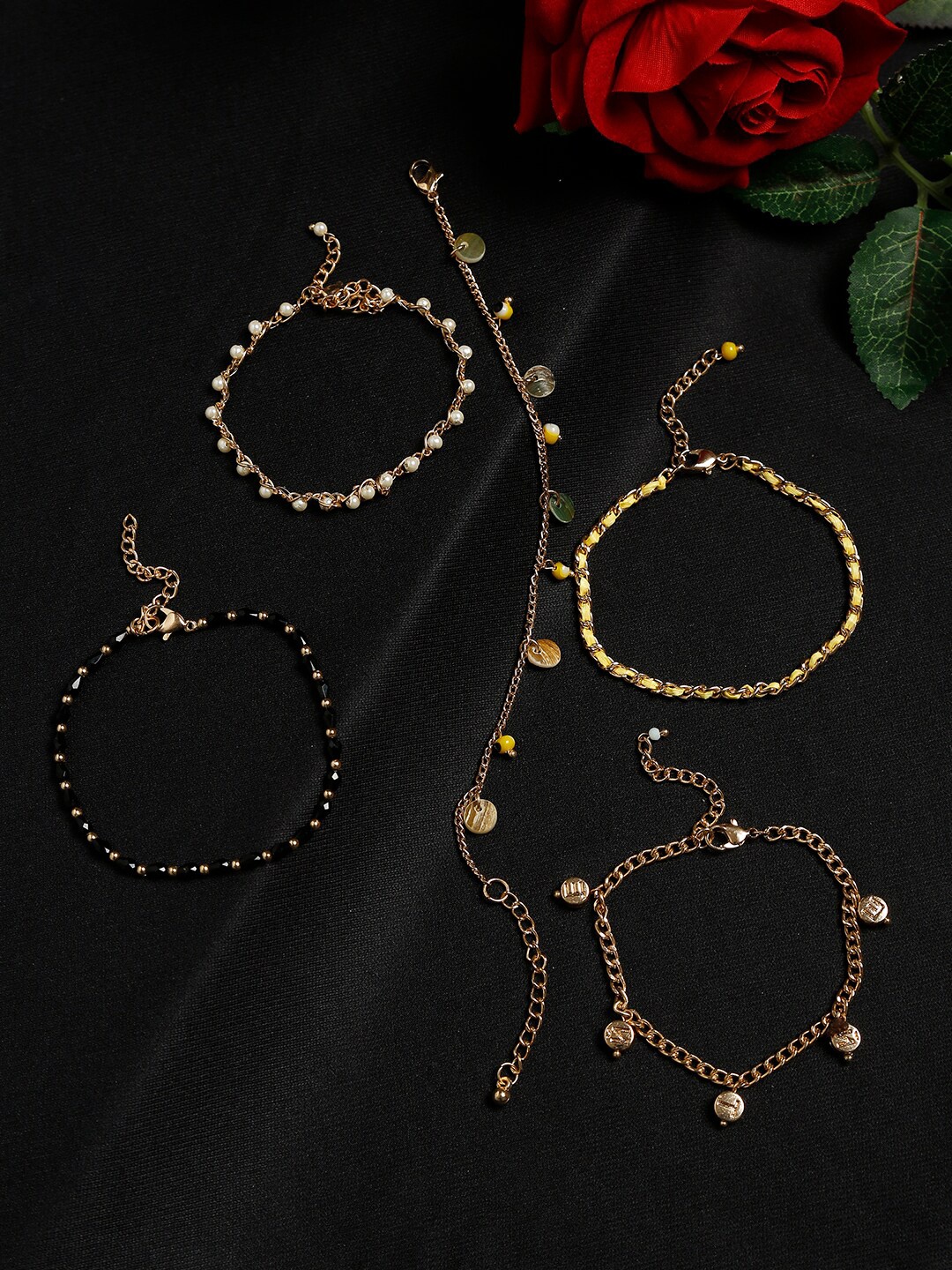 

Madame Women Set of 5 Rose Gold Plated & Black Multistrand Bracelet