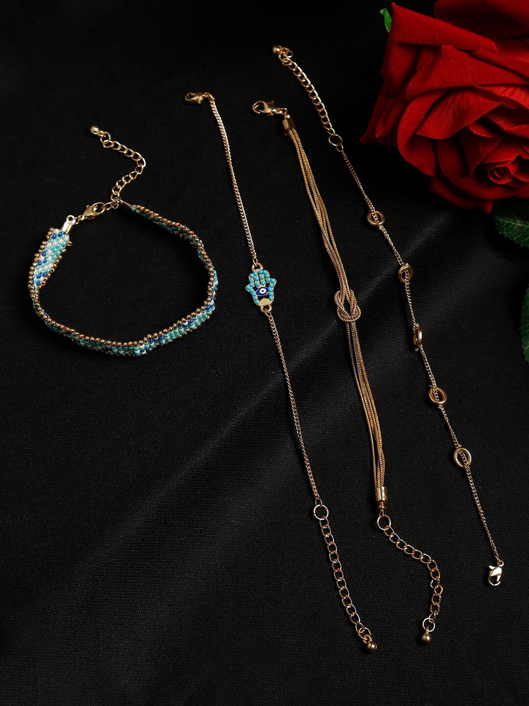 

Madame Women Set of 4 Rose Gold & Blue Rose Gold-Plated Multistrand Bracelet