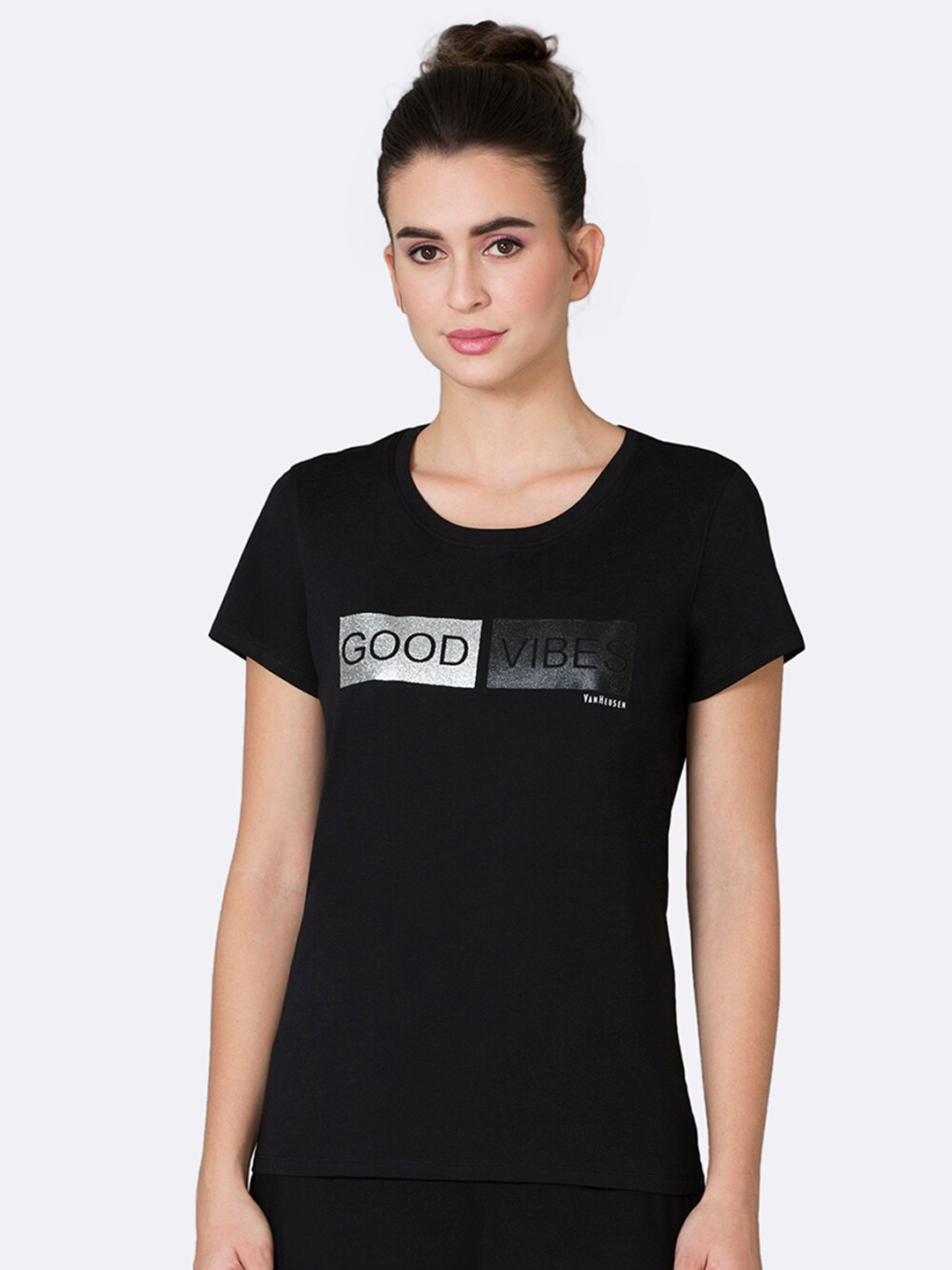 

Van Heusen Women Black Typography Printed Applique T-shirt