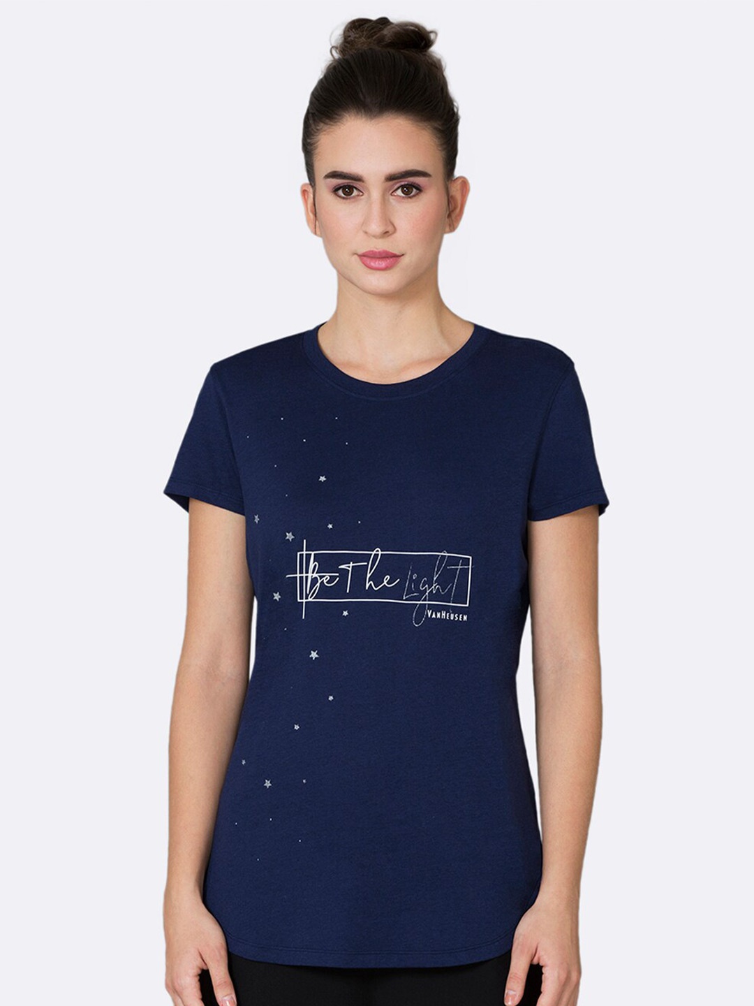 

Van Heusen Plus Size Women Navy Blue Typography Printed T-shirt