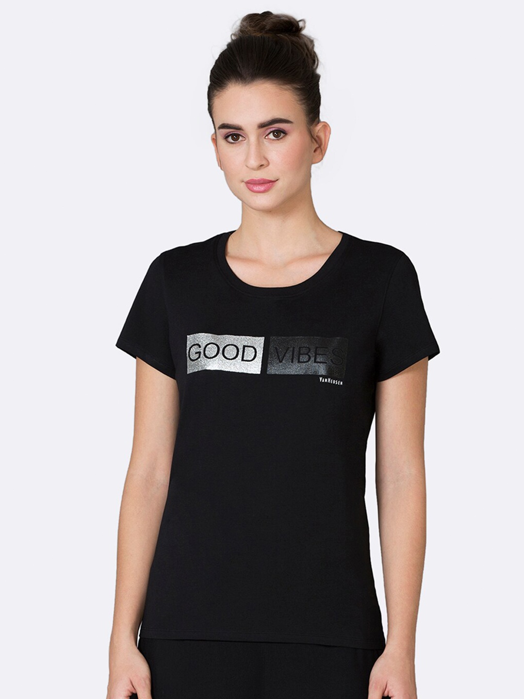 

Van Heusen Women Good Vibes Front Print Round Neck Short Sleeve Lounge T-Shirt, Black