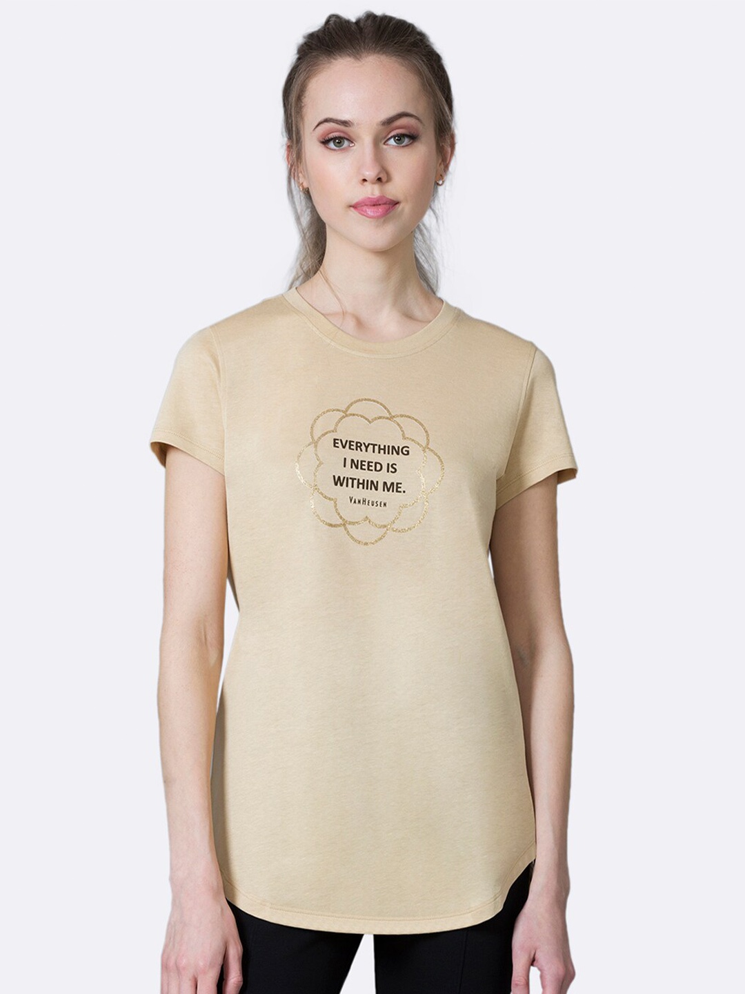 

Van Heusen Women Beige Typography Printed T-shirt