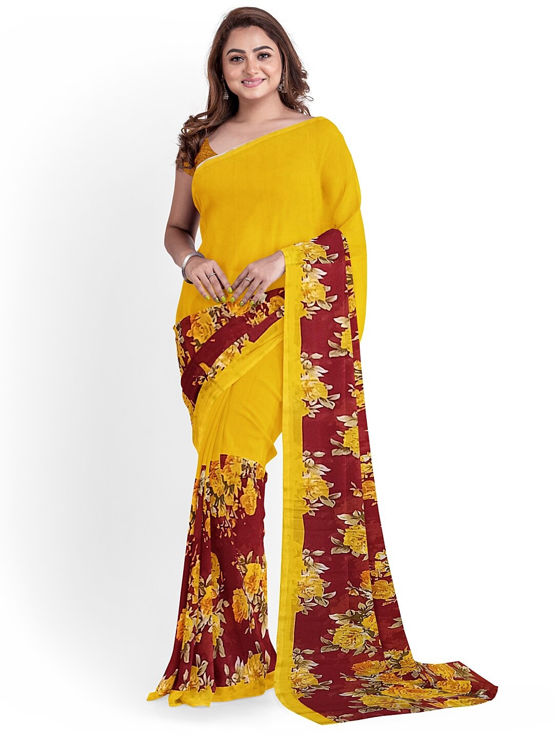 Silk Bazar Yellow & Maroon Floral Pure Georgette Saree