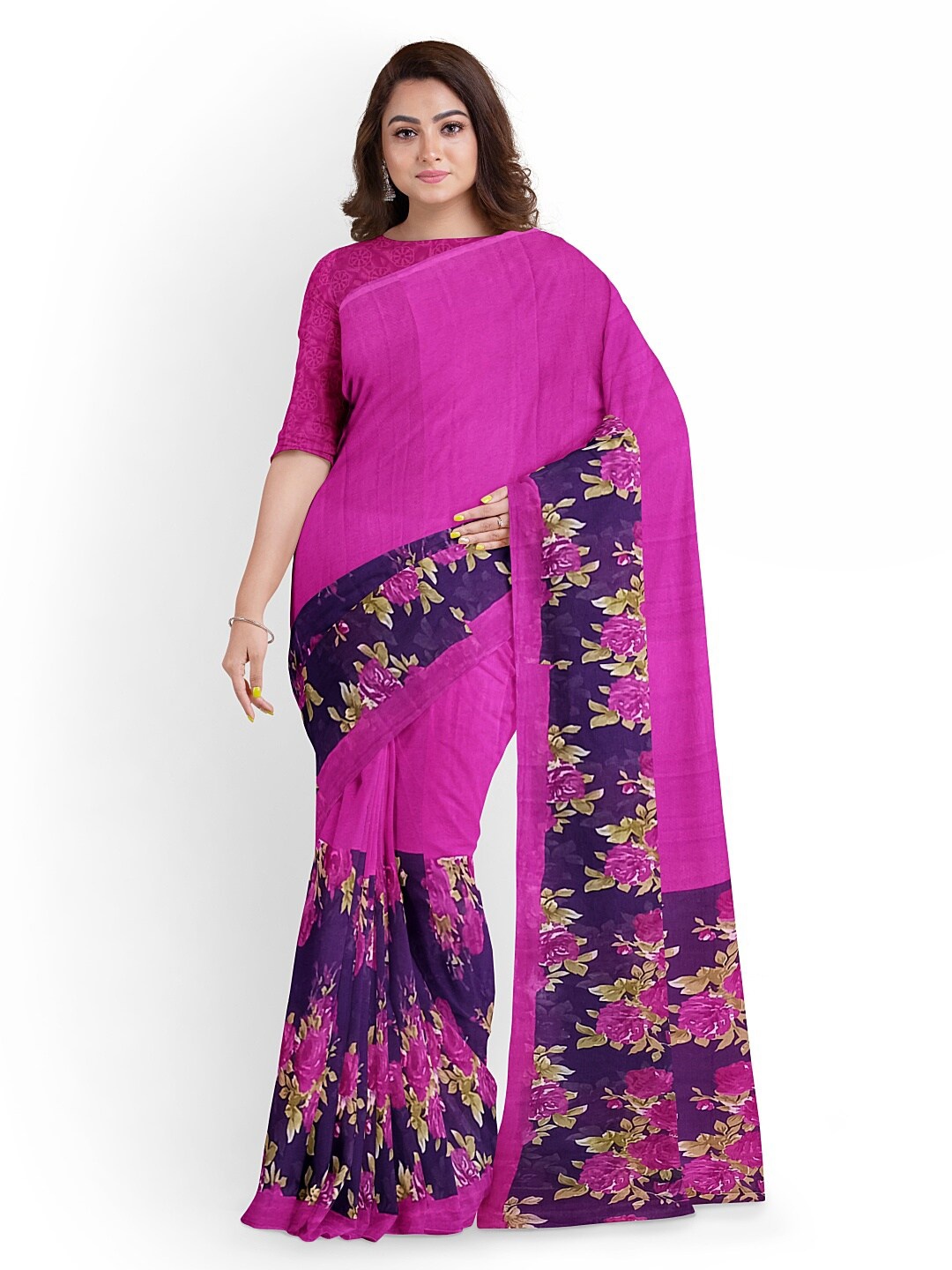 

Silk Bazar Pink & Purple Floral Pure Georgette Saree