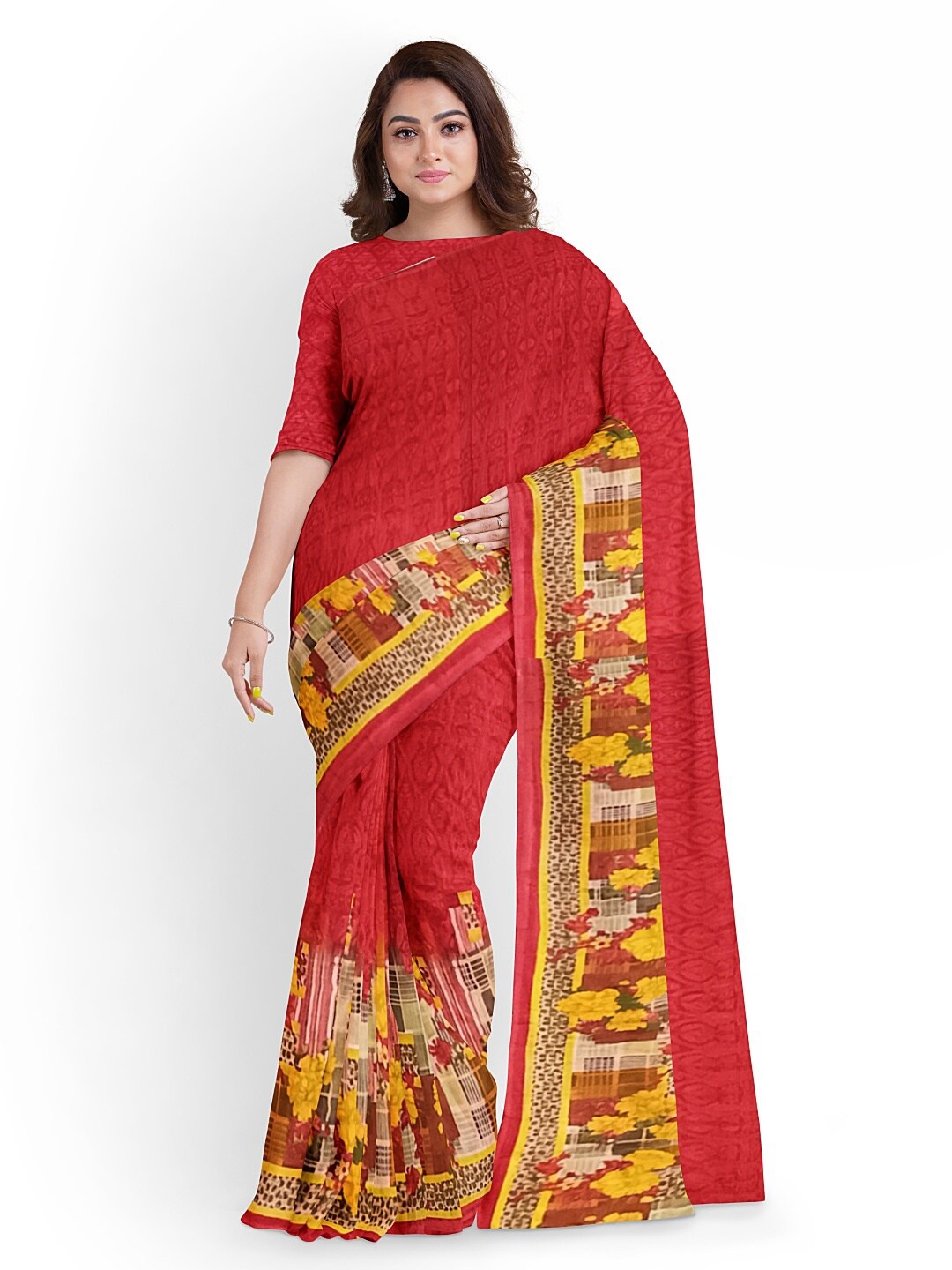 

Silk Bazar Red & Yellow Floral Pure Georgette Saree