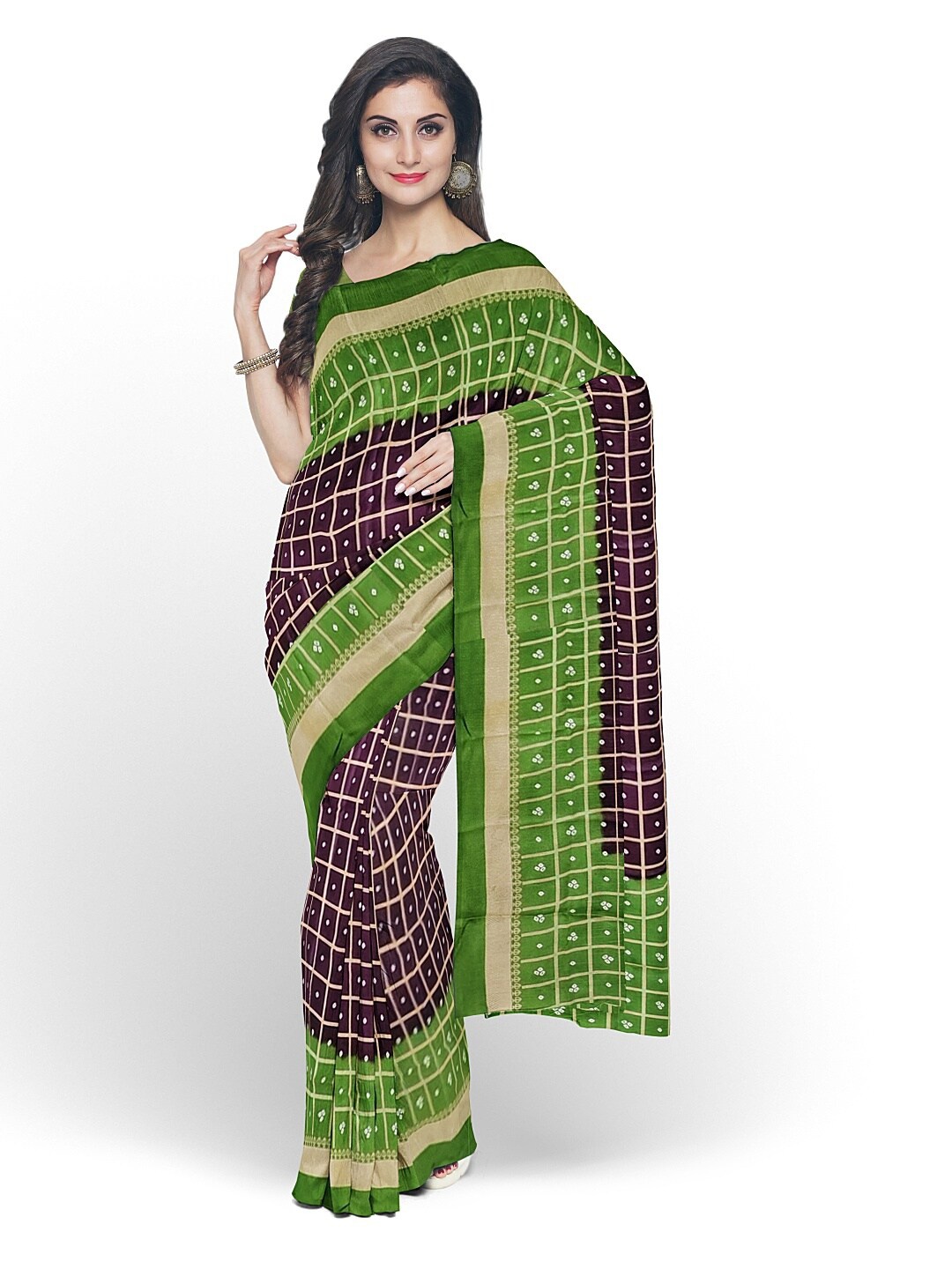 

Silk Bazar Coffee Brown & Green Bandhani Silk Blend Saree