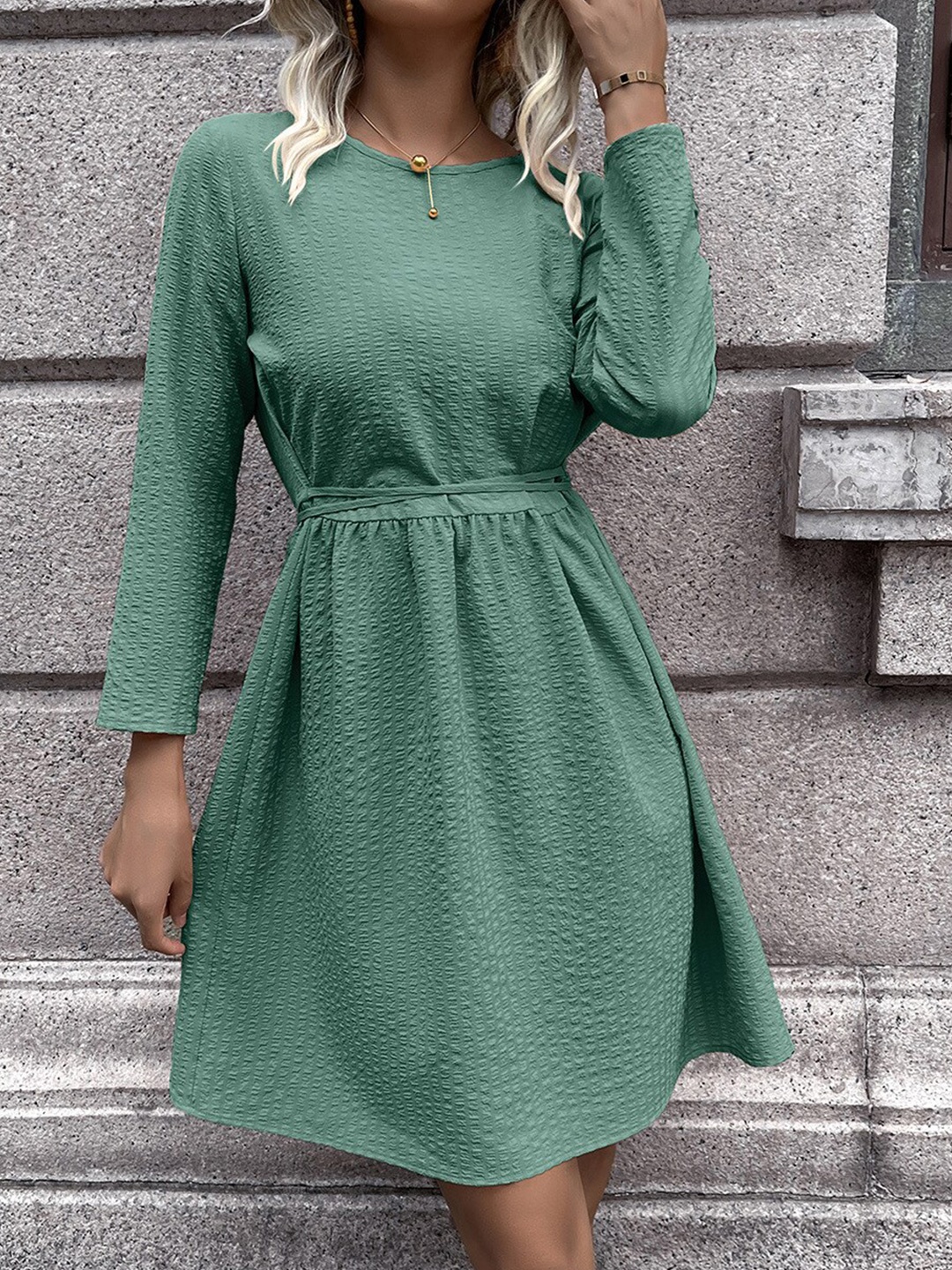 

BoStreet Women Green Self Design A-Line Dress