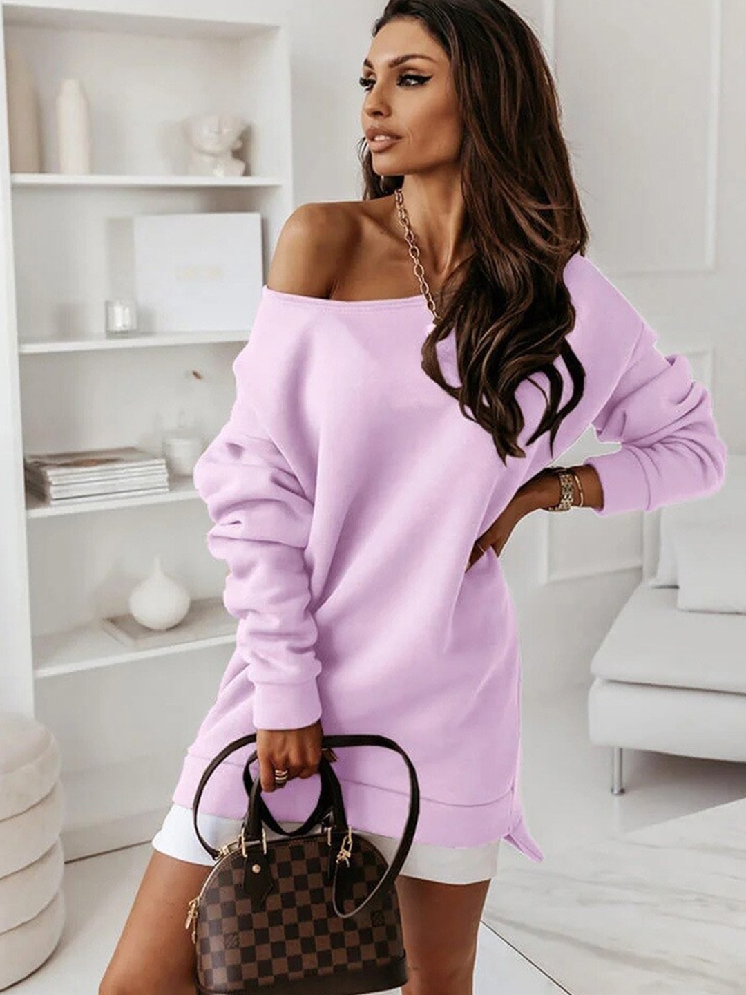

BoStreet Women Purple Off-Shoulder Sweater Dress