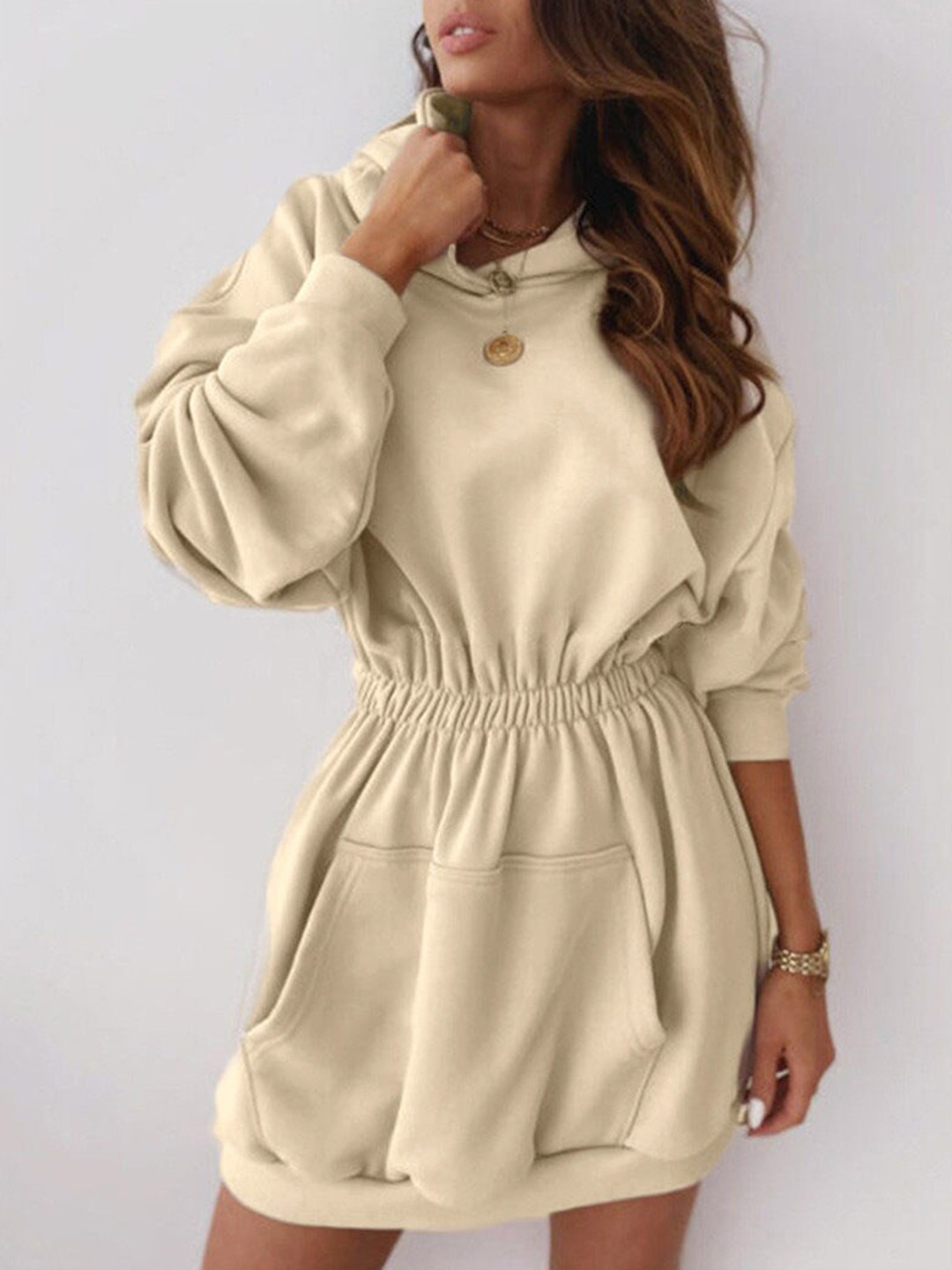

BoStreet Beige Solid Hooded Sweater Dress