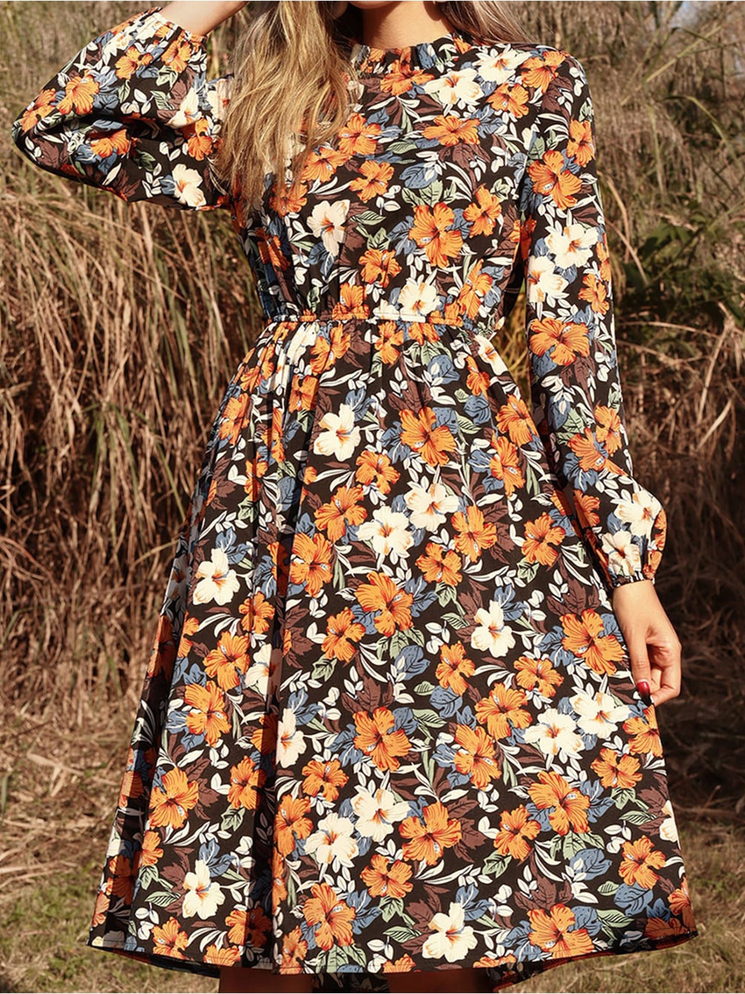 

StyleCast Women Orange & Grey Floral Fit and Flare Dress