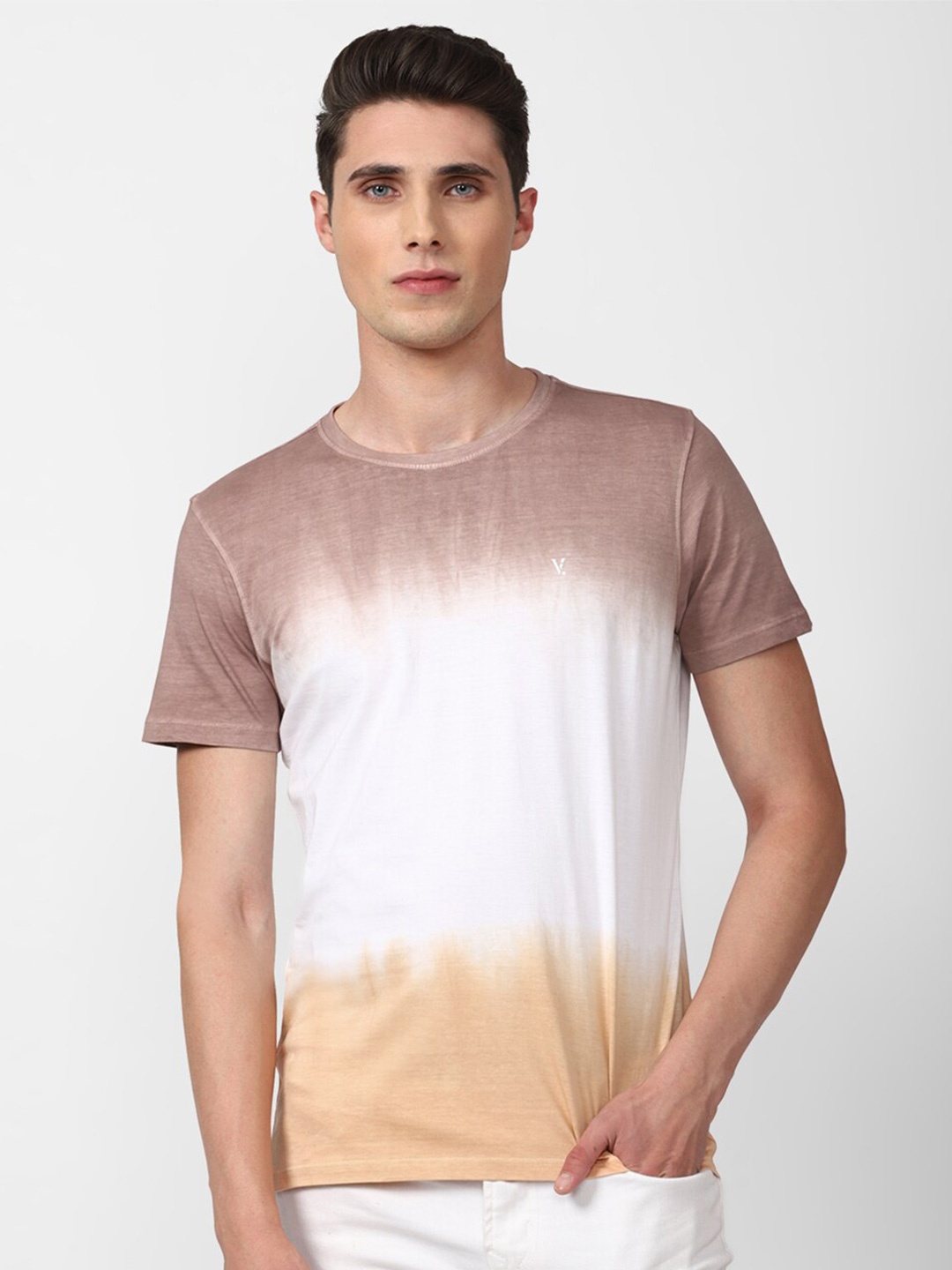 

V Dot Men White & Cream-Coloured Dyed Slim Fit T-shirt