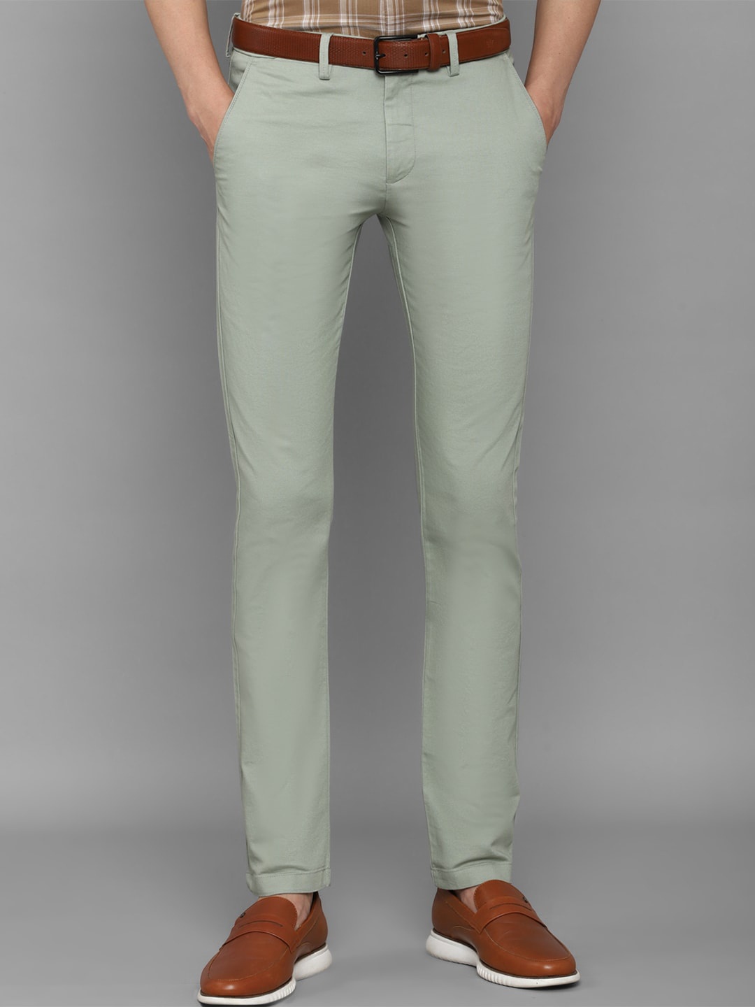 

Allen Solly Men Olive Green Solid Cotton Slim Fit Trousers