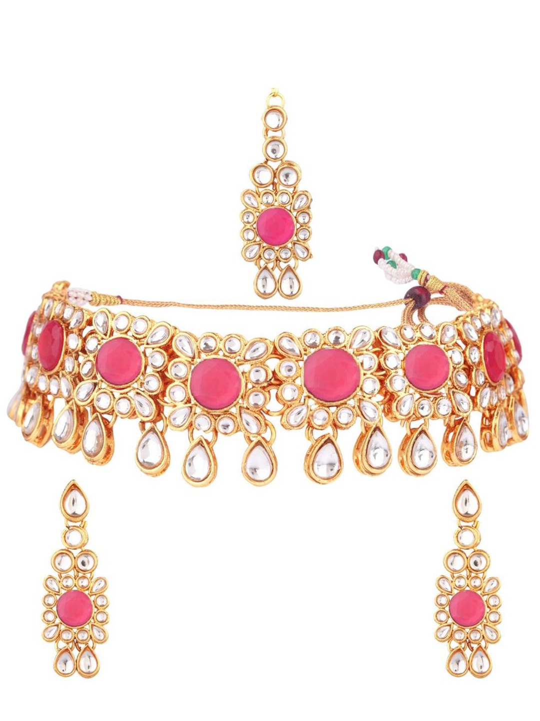 

Efulgenz Gold-Plated Pink & White Kundan-Studded & Beaded Jewellery Set