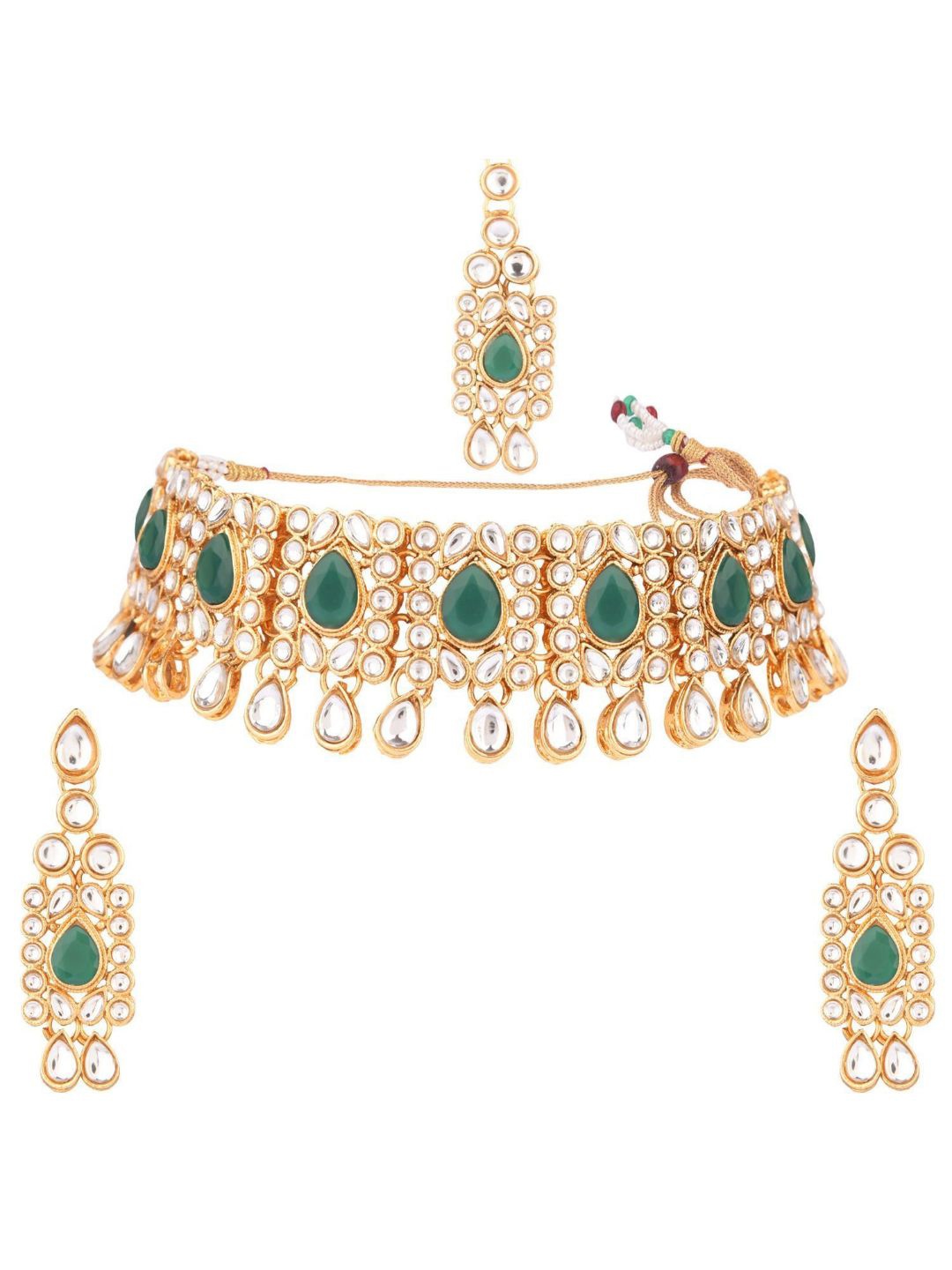 

Efulgenz Gold-Plated Green & White Kundan Studded Jewellery Set
