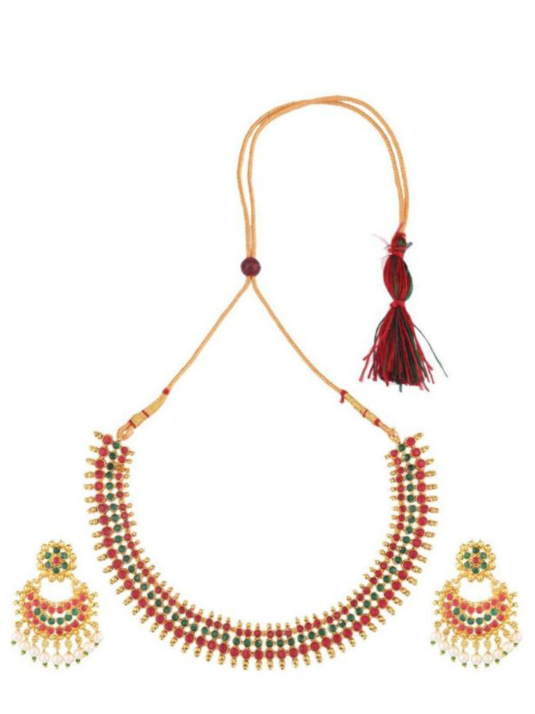 

Efulgenz Gold-Plated Green & Pink Crystals-Studded & Beaded Jewellery Set