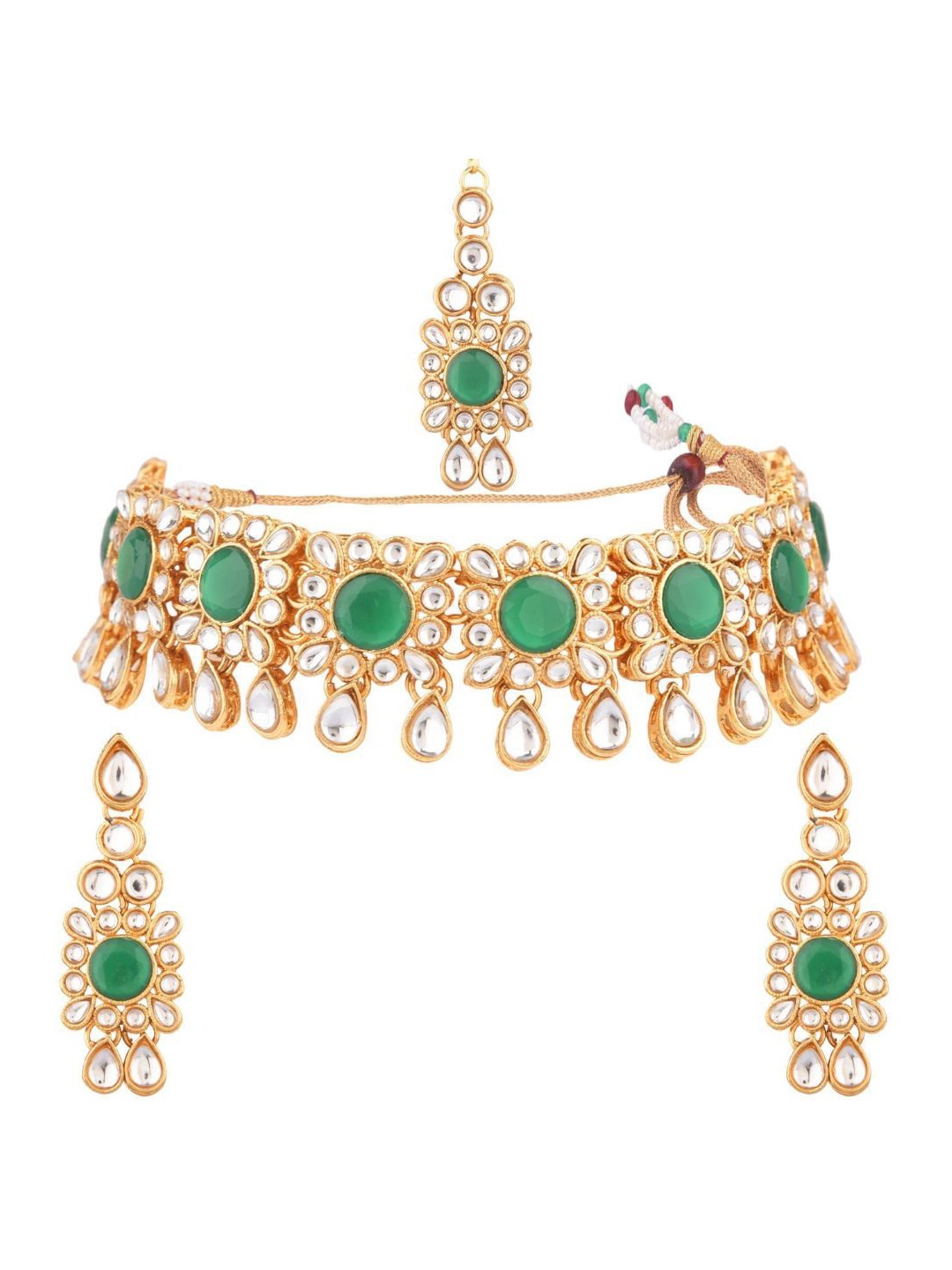 

Efulgenz Gold-Plated White & Green Kundan-Studded & Beaded Traditional Jewelry Set