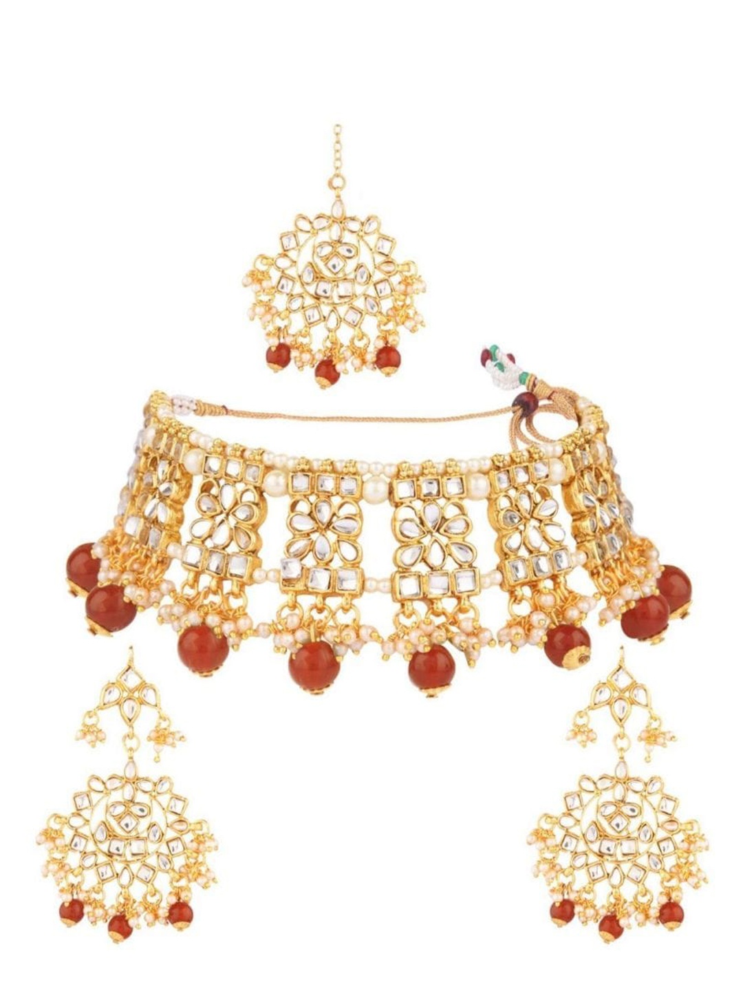 

Efulgenz Women Red & White Gold-Plated Jewellery Set with Maang Tikka