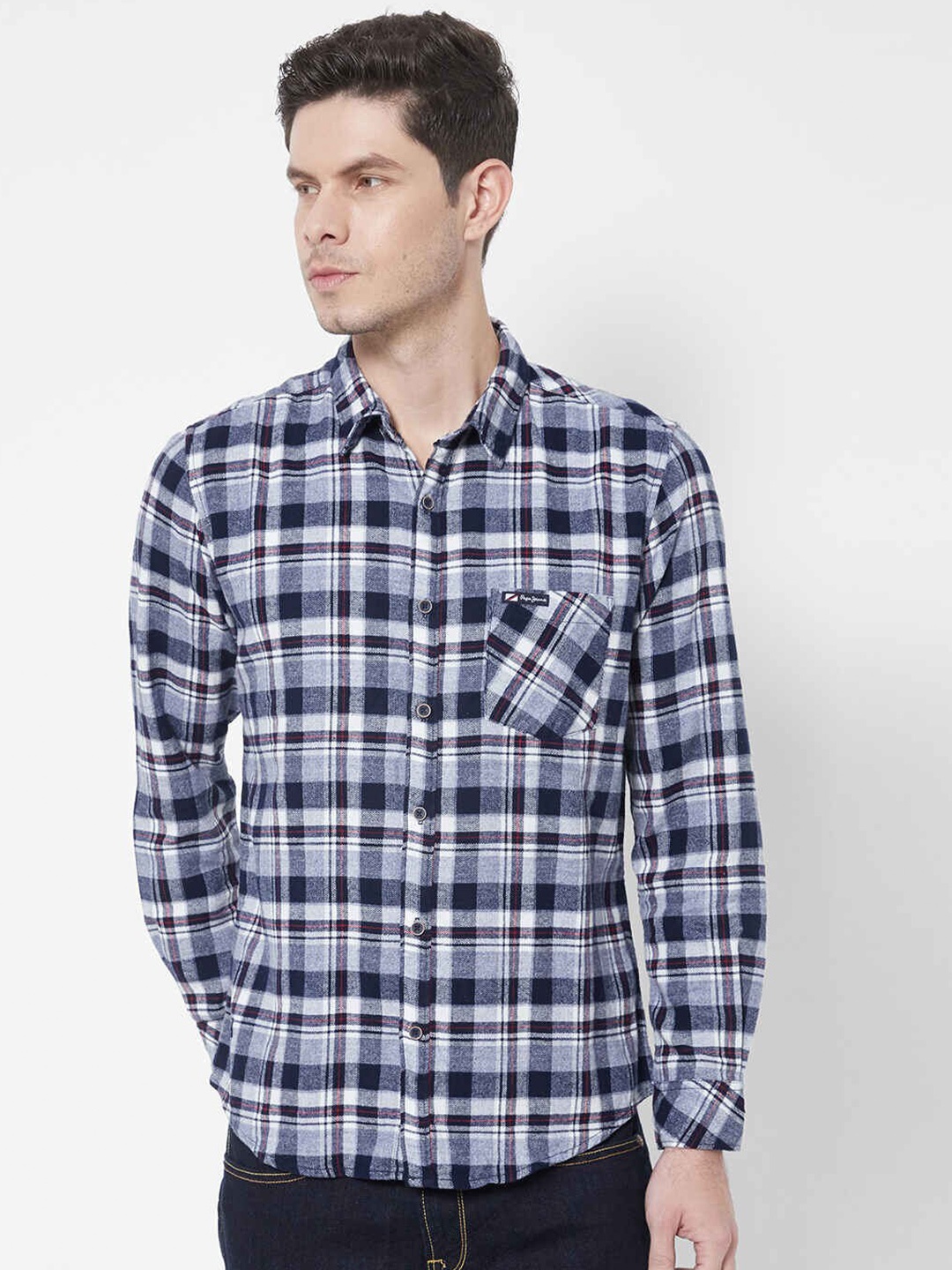 

Pepe Jeans Men Blue Tartan Checks Checked Casual Cotton Shirt