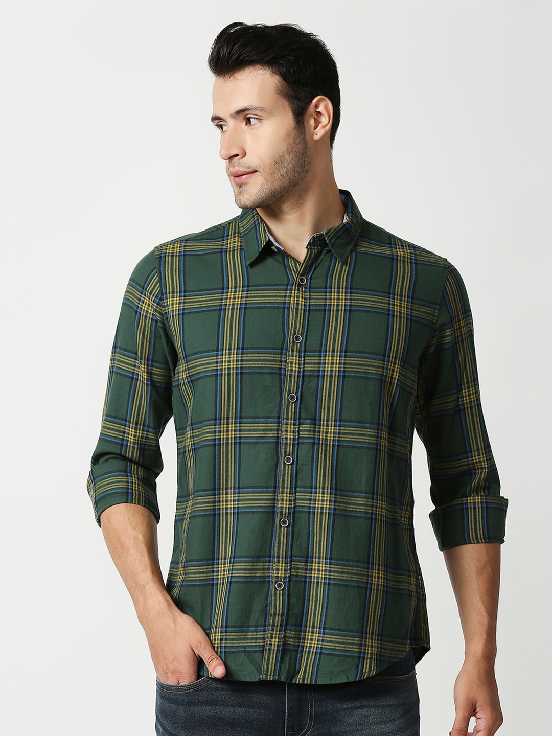 

Pepe Jeans Men Green Tartan Checked Casual Cotton Shirt