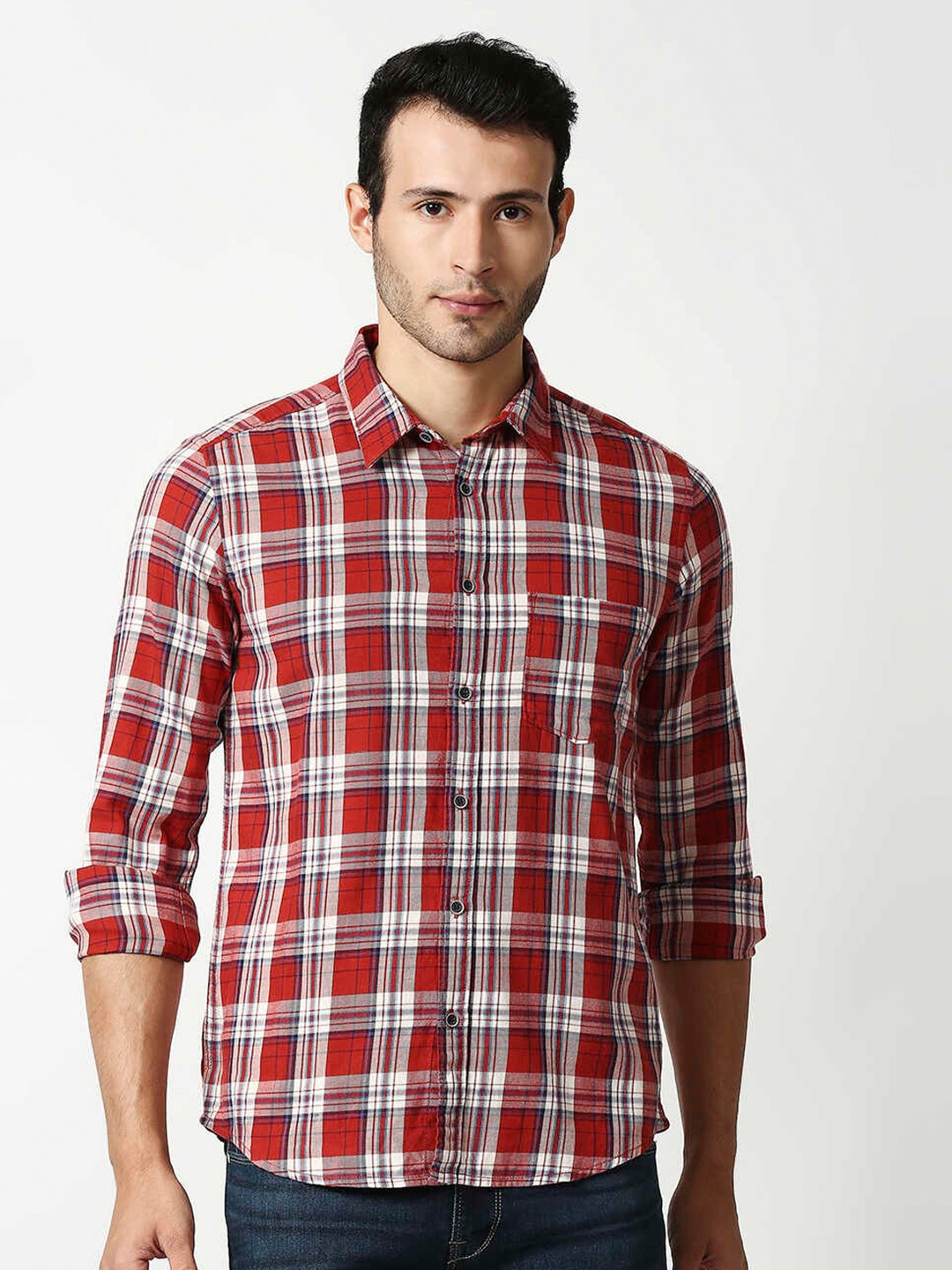 

Pepe Jeans Men Red Tartan Checks Checked Casual Cotton Shirt