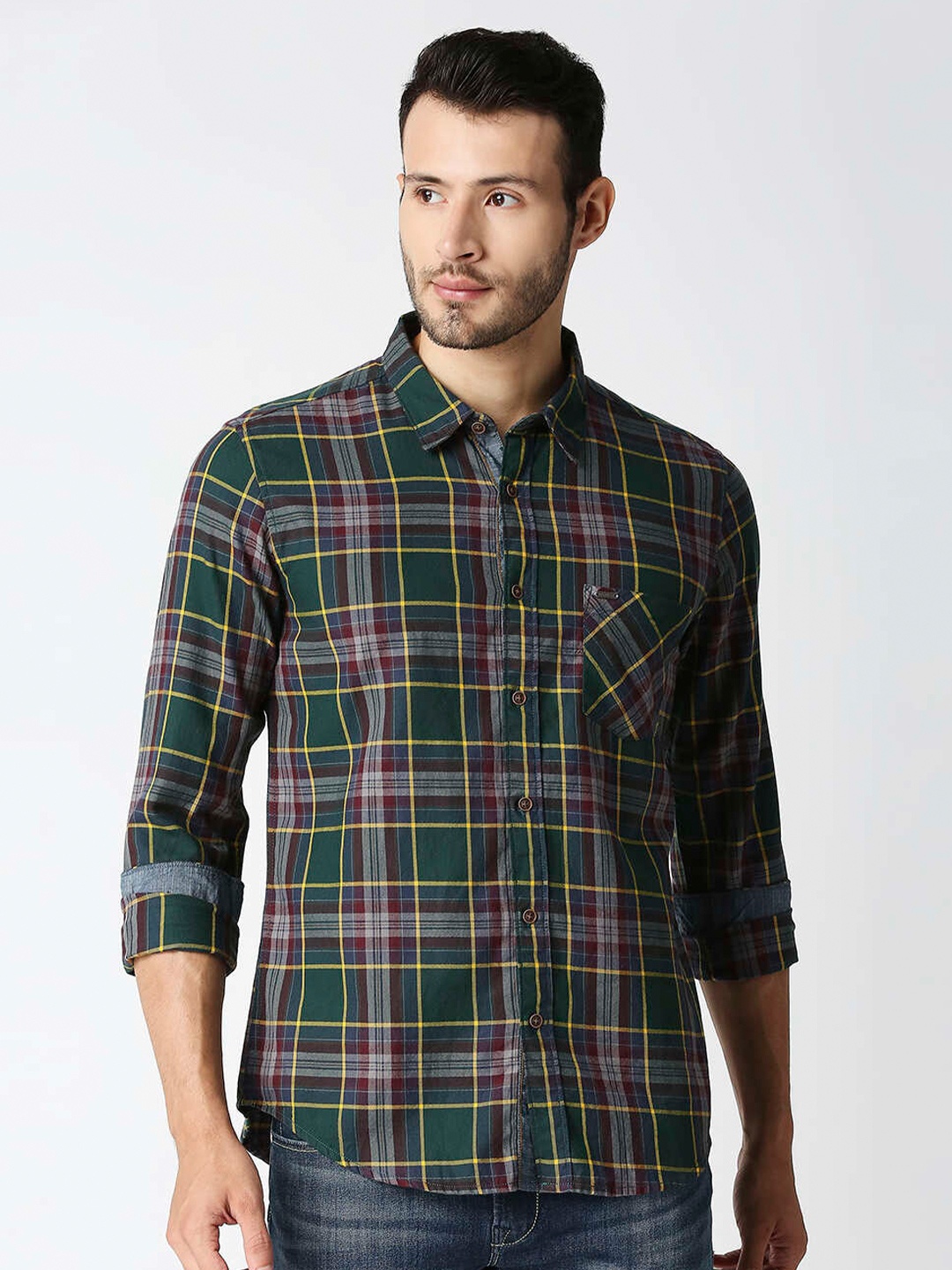 

Pepe Jeans Men Green Tartan Checked Casual Cotton Shirt