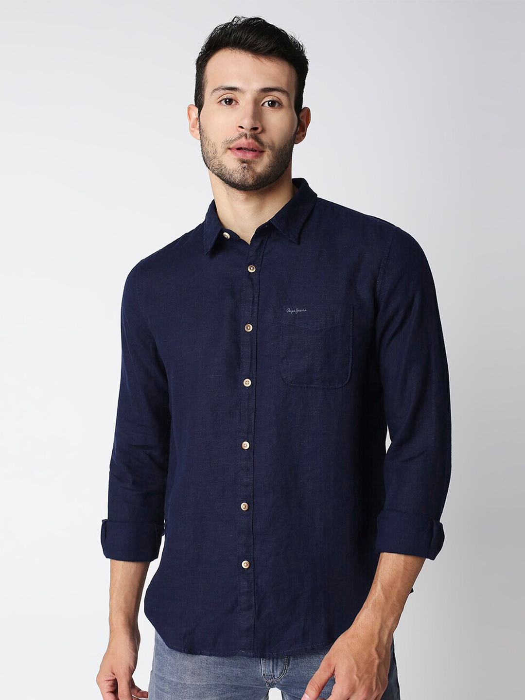 

Pepe Jeans Men Navy Blue Solid Casual Shirt