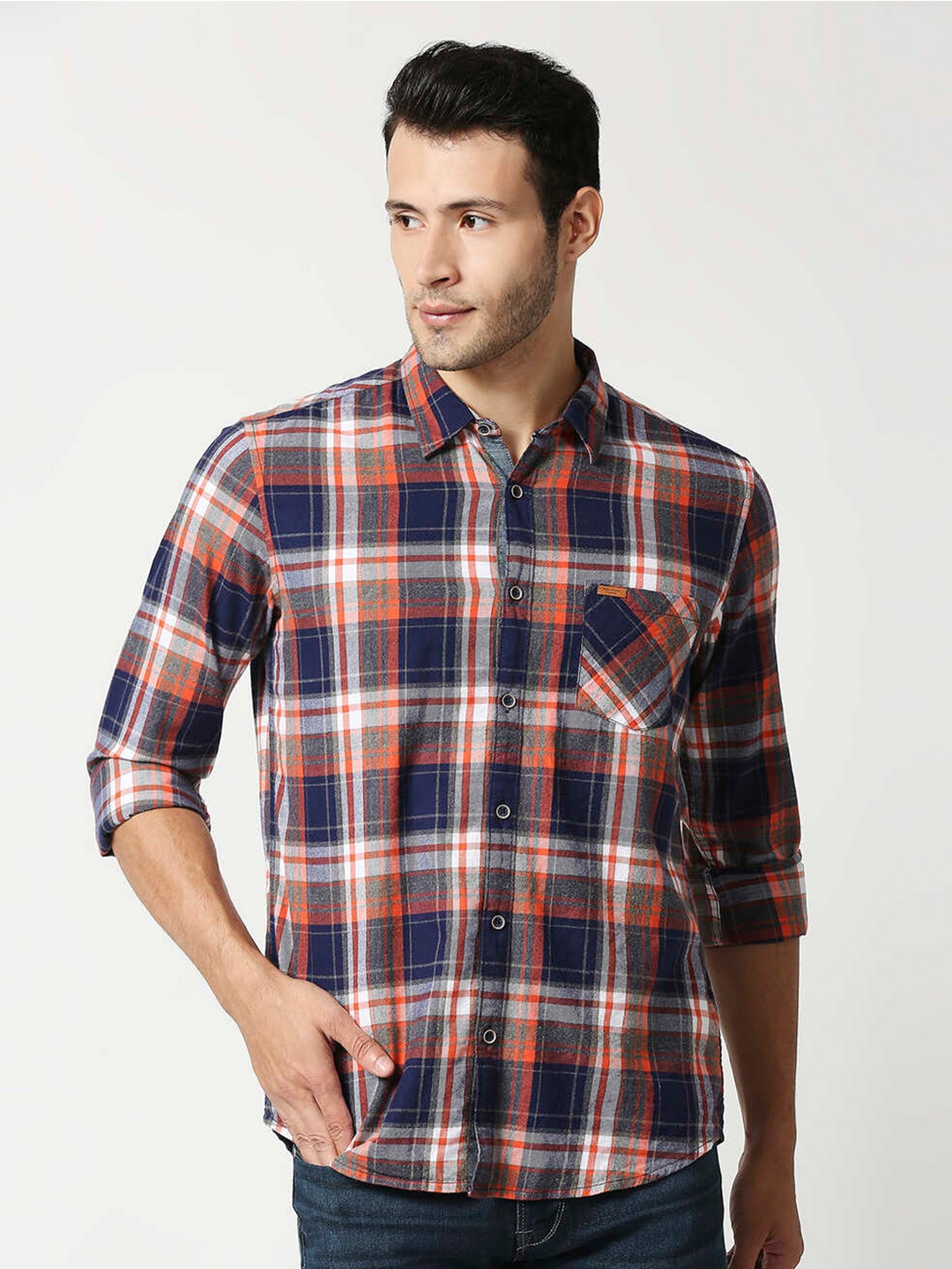 

Pepe Jeans Men Orange & Navy Blue Tartan Checked Casual Shirt