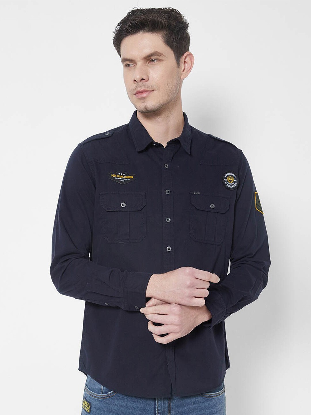 

Pepe Jeans Men Navy Blue Casual Cotton Shirt