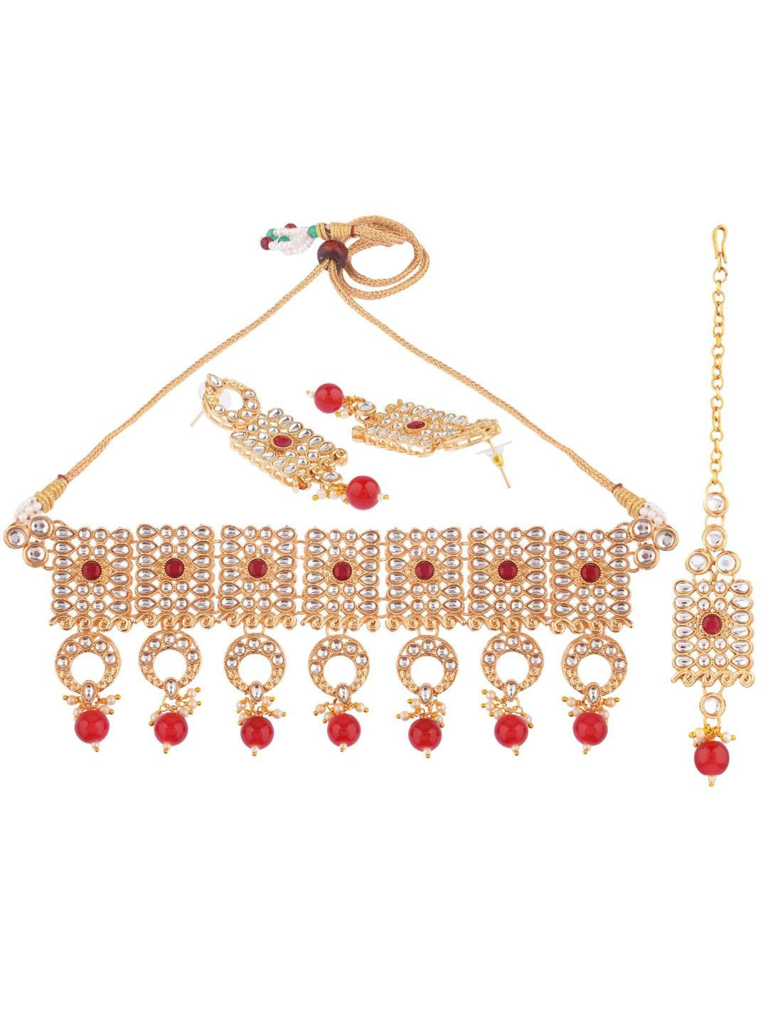 

Efulgenz Gold-Plated Red & White Crystal Studded Jewellery Set