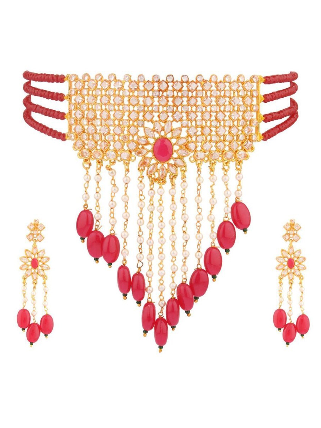 

Efulgenz Gold-Plated Stone-Studded & Beaded Jewellery Set